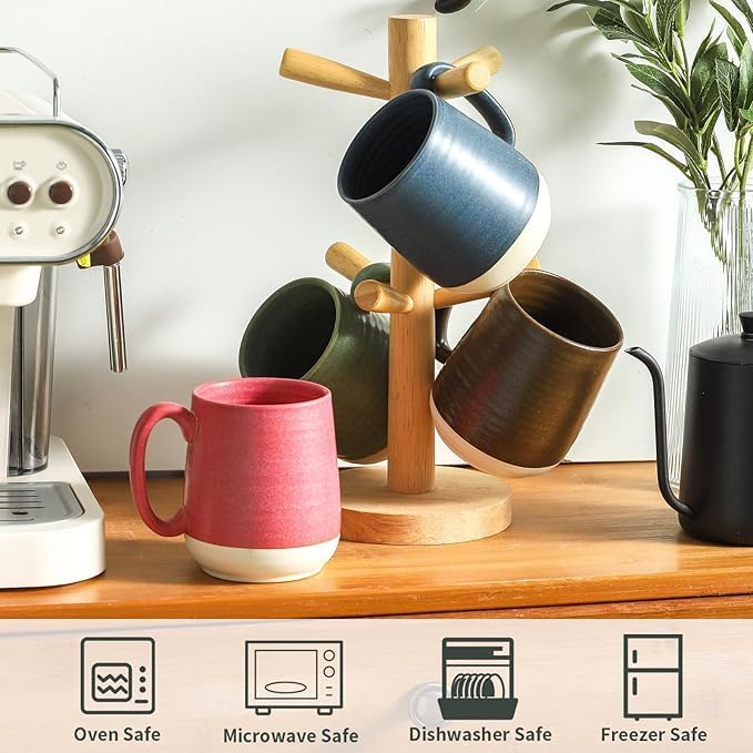 Hasense 15 Ounce Porcelain Coffee Mugs Set of 4 with Large Handle Perfect for Coffee, Tea, Milk, Chocolate and Latte, Unqiue Glaze Ceramic Coffee Cups Set for Man and Woman, Colorful