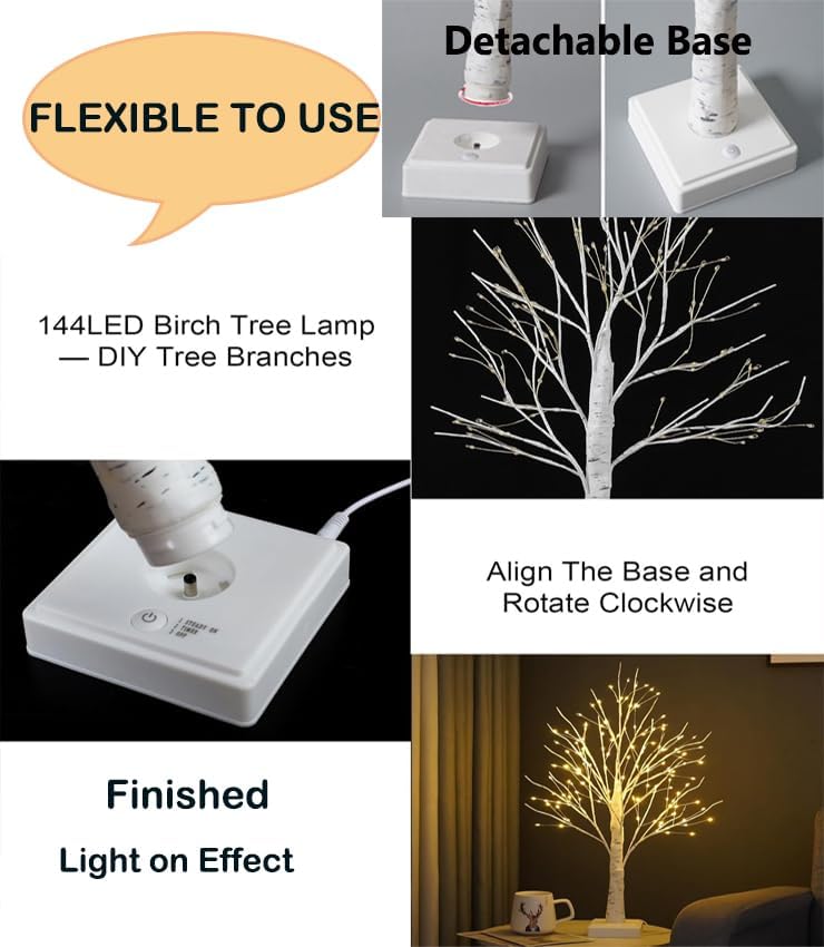 2FT Fairy Birch Tree with 144 LED Lights Artificial Tree Lamp with Timer for Easter Christmas Decoration Light Spirit Tree USB/Battery Powered Branch Trees for Party Wedding Home (144 LED Light)