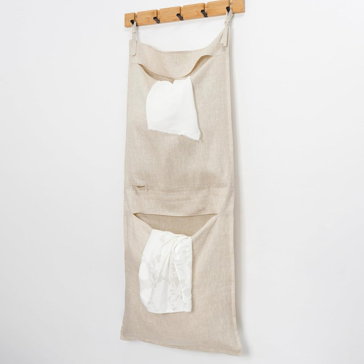 100% Linen Hanging Laundry Bag with 2 Compartments, Over the Door Laundry Hamper, Dirty Clothes Space Saving Organizer 19.7 x 47 Inches, Linen