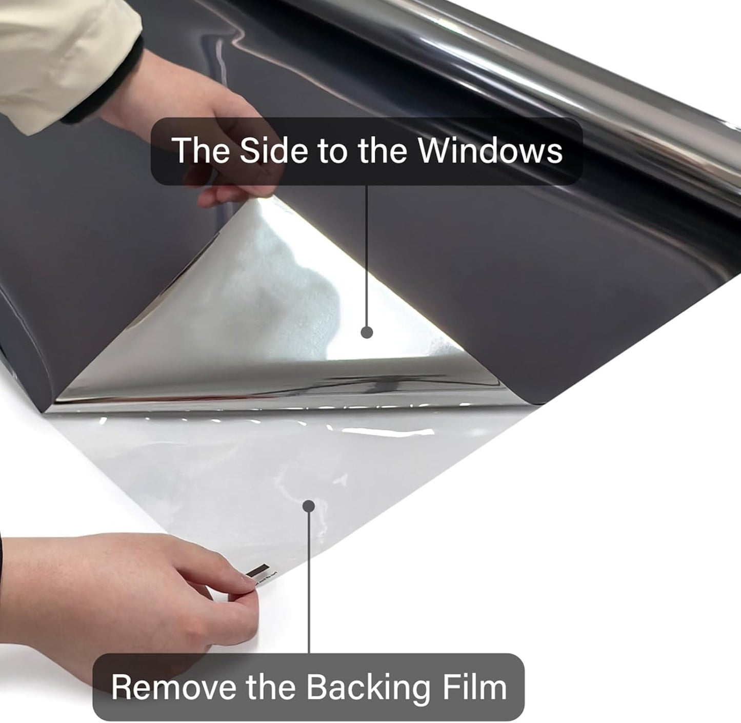 Kromapolis One Way Window Privacy Film Reflective Mirror Home Window Tint, Daytime Privacy Heat Control Anti UV Glass Tinting Static Cling (Black-Silver, 17.5 x 157.4 inch)