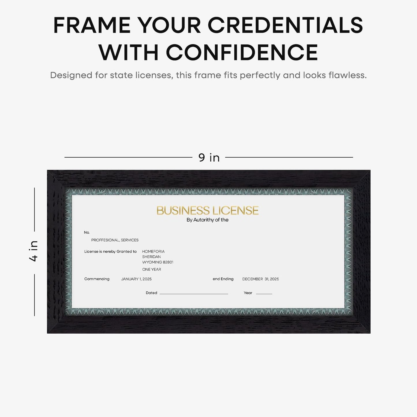 Homeforia 4x9 Business License Frame Black, High End Oak 4 x 9 Black Wood Certificate Frames, 9x4 Wooden Document Frames for Wall or Tabletop, 4 by 9 Picture Frames, Tempered Glass, Wall Kit, Set of 1