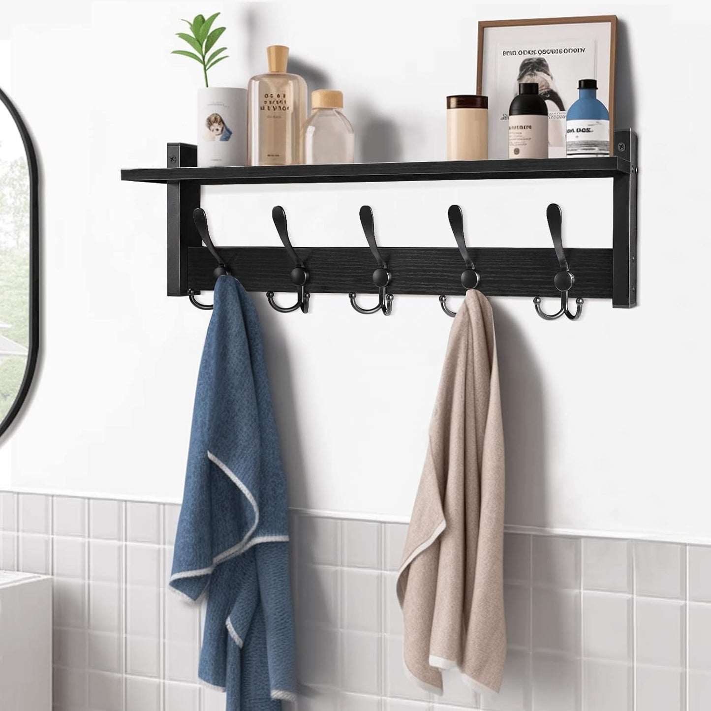 Homode Coat Rack with Shelf, 24" Coat Hooks Wall Mounted with Shelf, Wooden Hanging Coat Hanger with Tri Hooks for Entryway, Bathroom, Mudroom, Bedroom, Black