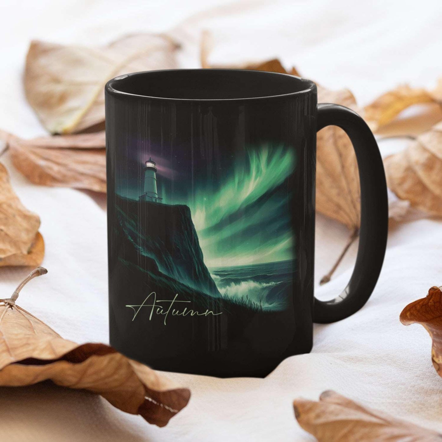 Customized Name Black Coffee Mug, Personalized Beautiful Northern Lights And Lighthouse Mug, Custom Mystical Ocean View Ceramic Cup, Gift For Women Men, Nature Themed Mug 11oz 15oz