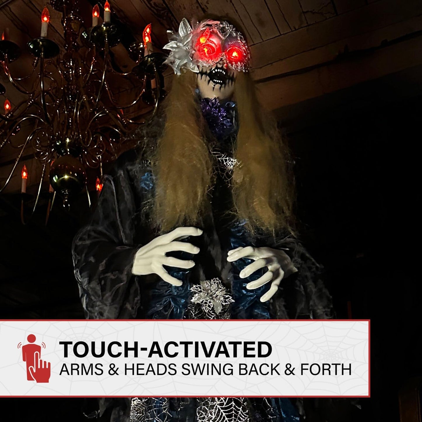 Haunted Hill Farm 5.5-Ft Animatronic Animated Standing Masquerade Lady, Halloween Animatronic, Spooky Venetian Masquerade Prop, Creepy House Party Decoration, Touch-Activated Lights & Sound, Life-Size