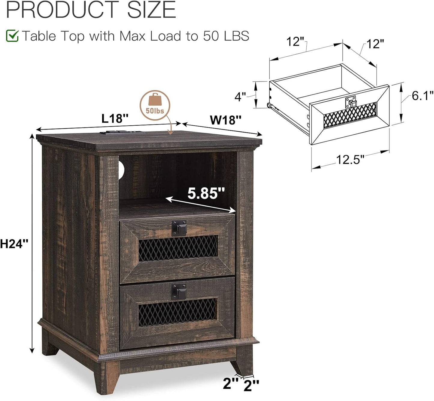 OKD Nightstand with Charging Station, 18'' Industrial & Farmhouse End Table with 2 Drawers & Open Cubby, Rustic Mesh Drawer Sofa Side Table w/Storage for Bedroom, Living Room, Office, Dark Rustic Oak