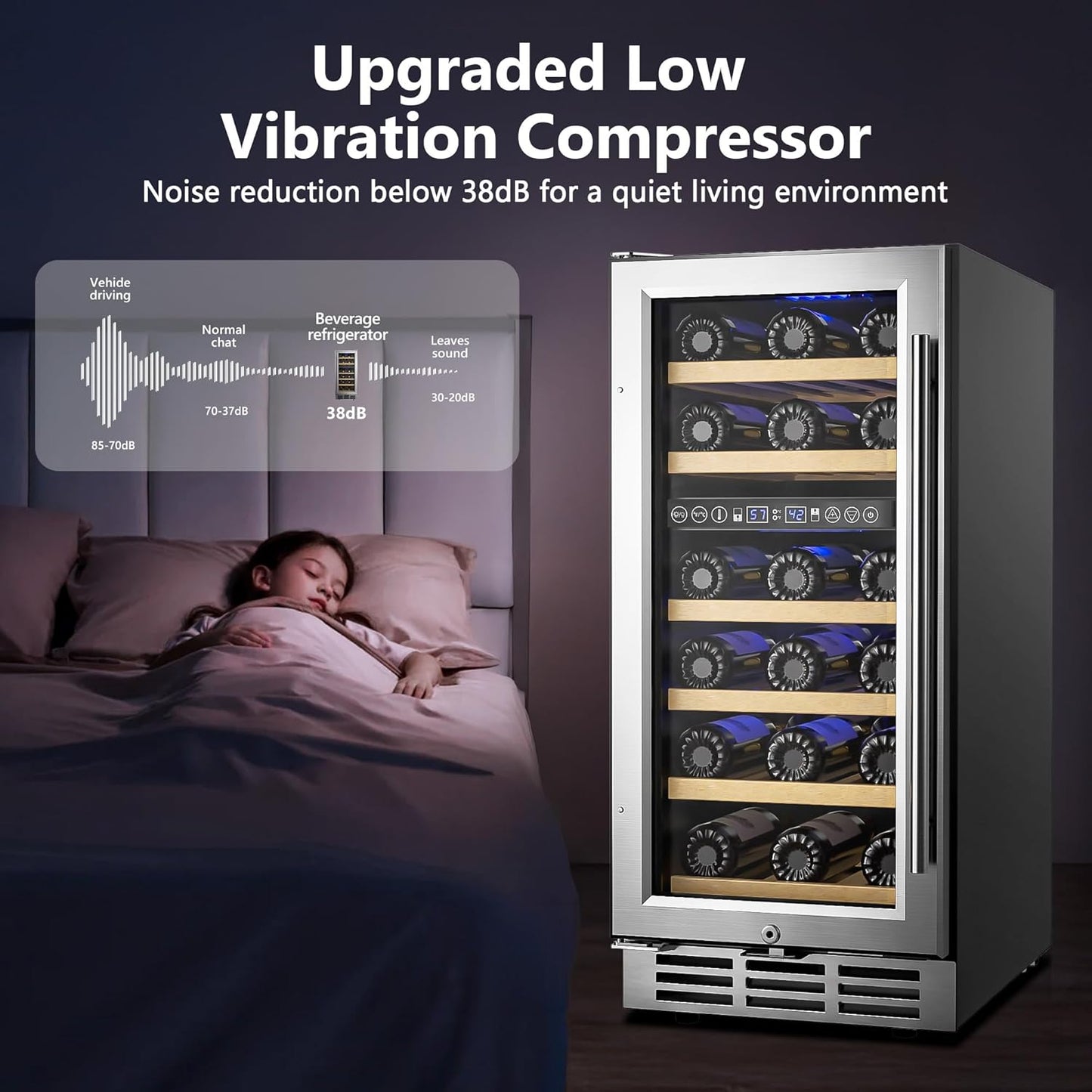 15 Inch Dual Zone Wine Refrigerator, 29 Bottle Under Counter Wine Fridge, Wine Refrigerator for Built-In or Freestanding, Wine Cooler with Removable Shelves, Double-Layer Glass Door, for Home