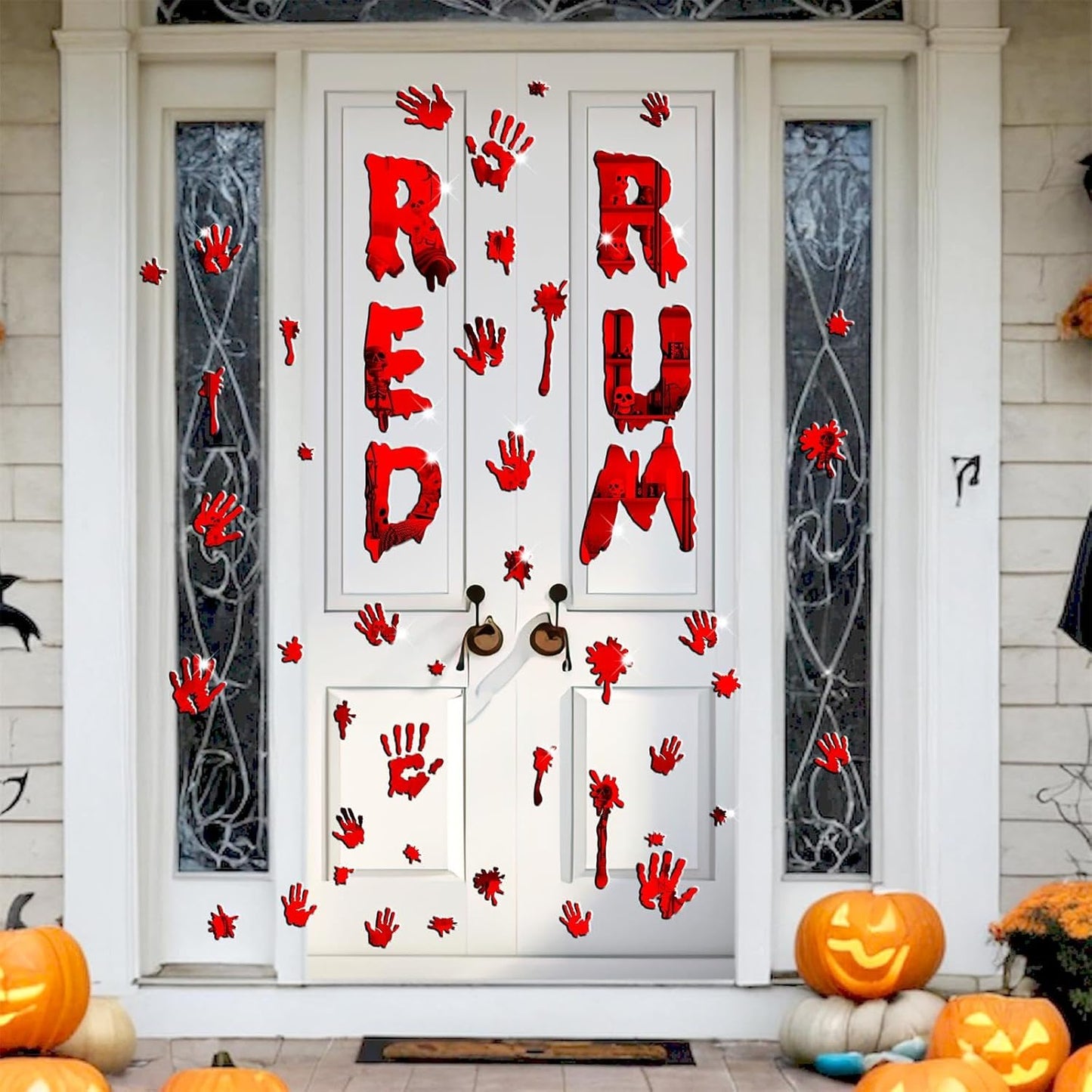 Halloween Decorations Stickers for Wall Bloody Handprint Decals for Bathroom Mirror Acrylic Halloween Party Supplies Decal Peel and Stick Scary Red Blood Stickers for Haunted House Party Home Office