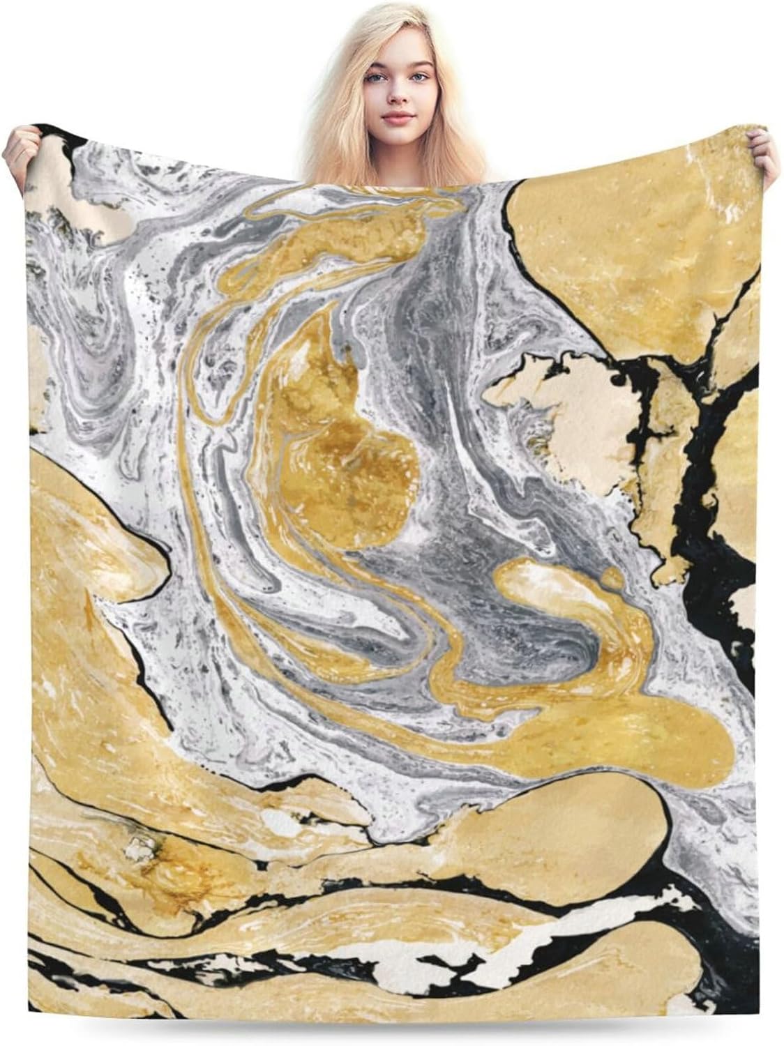 HGOD DESIGNS Gold Golden and Silver Marble Ink Abstract Painting Flannel Fleece Bed Blanket Throw Blanket Lightweight Cozy Plush Blanket for Bedroom Living Rooms Sofa Couch 50"x60"