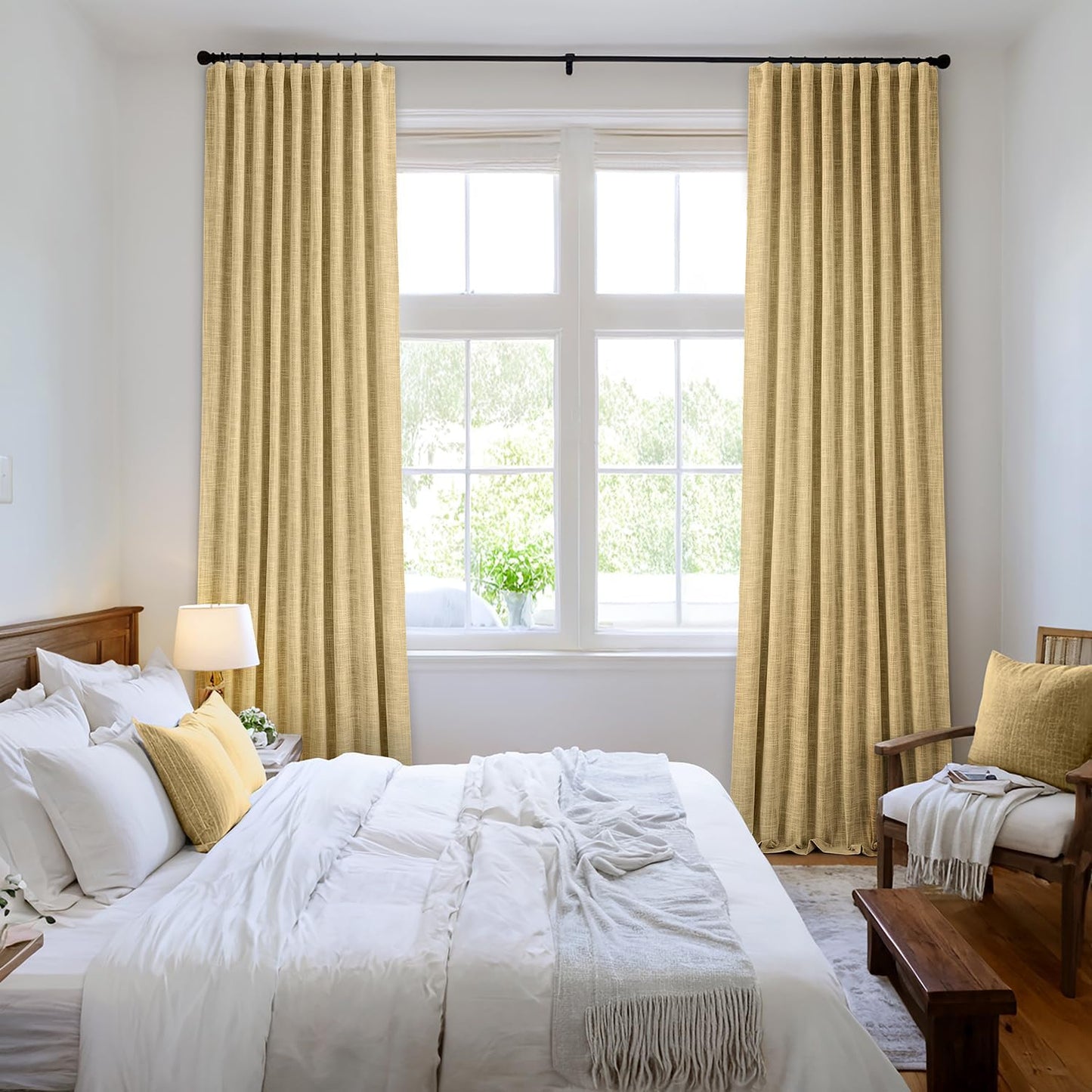 MIULEE Yellow 100% Blackout Linen Curtains 102 Inch 2 Panels Set Double Sided No Coating Pinch Pleated Back Tab Floor to Ceiling Black out Thermal Insulated Bedroom Living Room Darkening Window Drapes