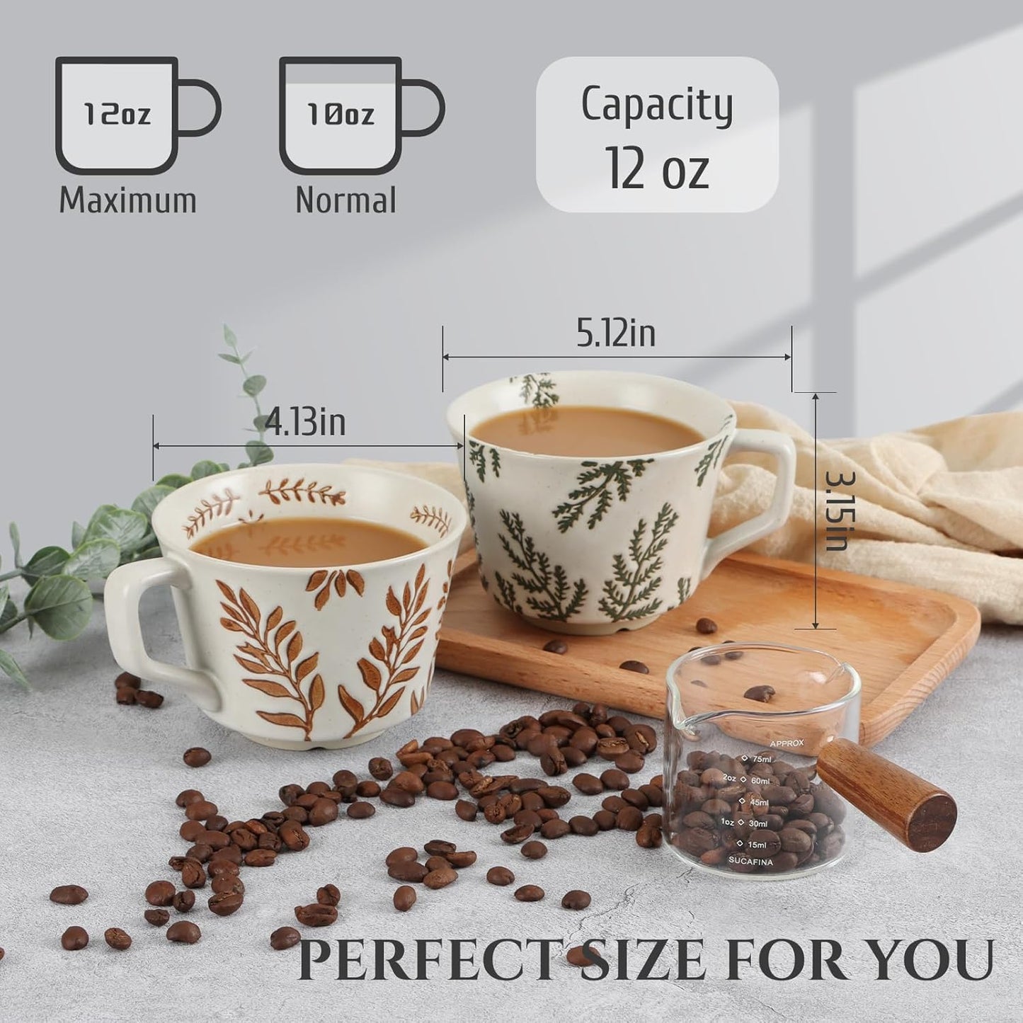 Ceramic Coffee Mug, 12 oz Novelty Unique Teacup with Large Handle, Stoneware Cup for Tea Mocha Latte Cappuccino Espresso (Grass)