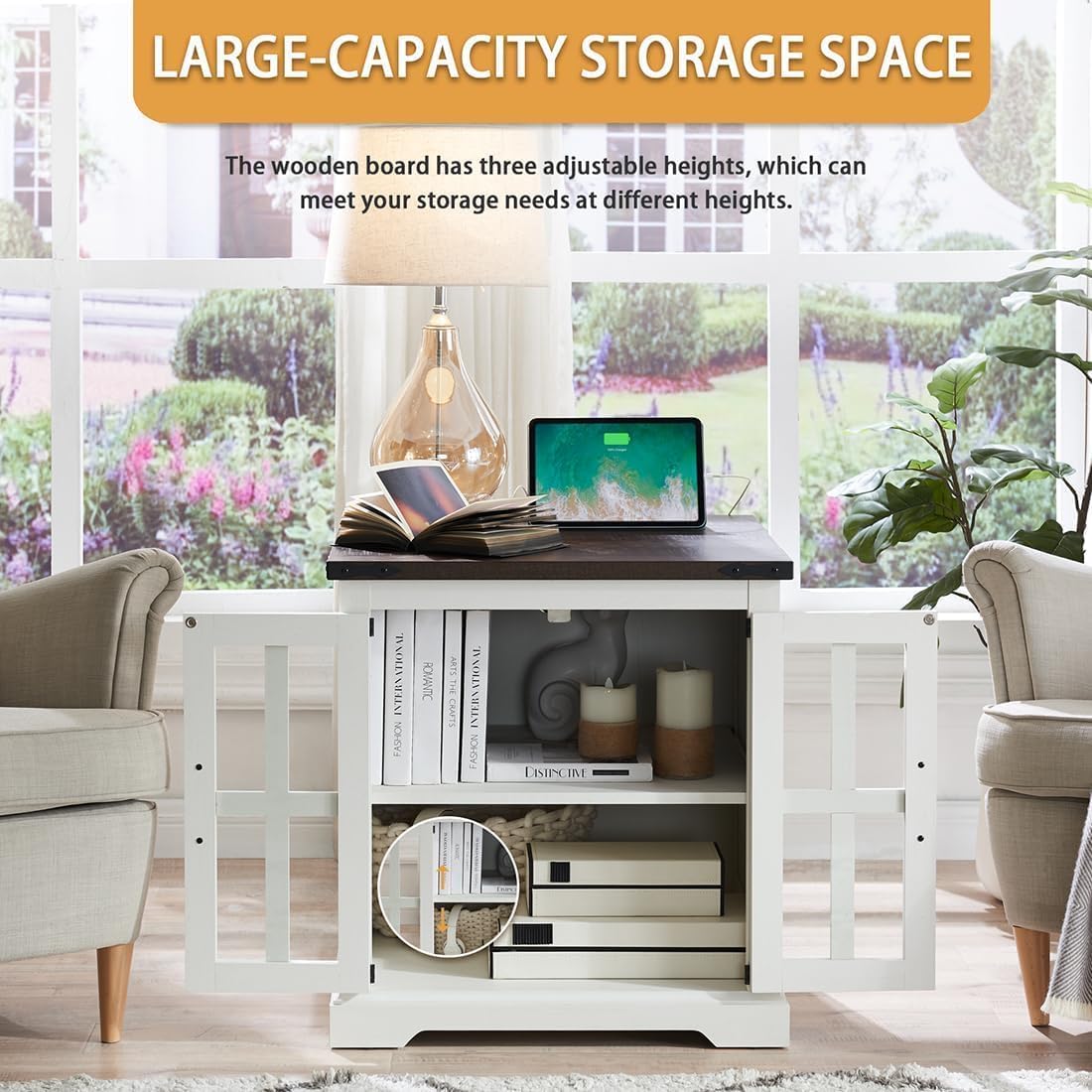 Farmhouse End Table with Charging Station,24" Large Side Table with Glass Barn Door, Rustic Wood Nightstand Bedside Table with Adjustable Storage Shelf for Living Room, Bedroom,White,2 Pack