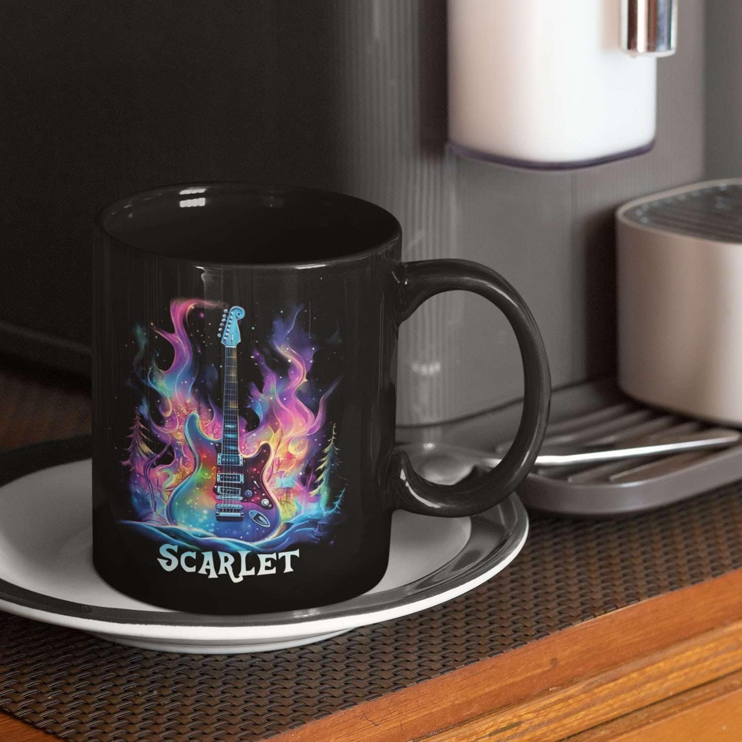 Personalized Electric Guitar Mug 11oz 15oz, Custom Choose Name Coffee Cup, Customized Rock Music Themed Black Mug, Gift For Musicians, Electric Guitar Ceramic Cup With Cosmic Design