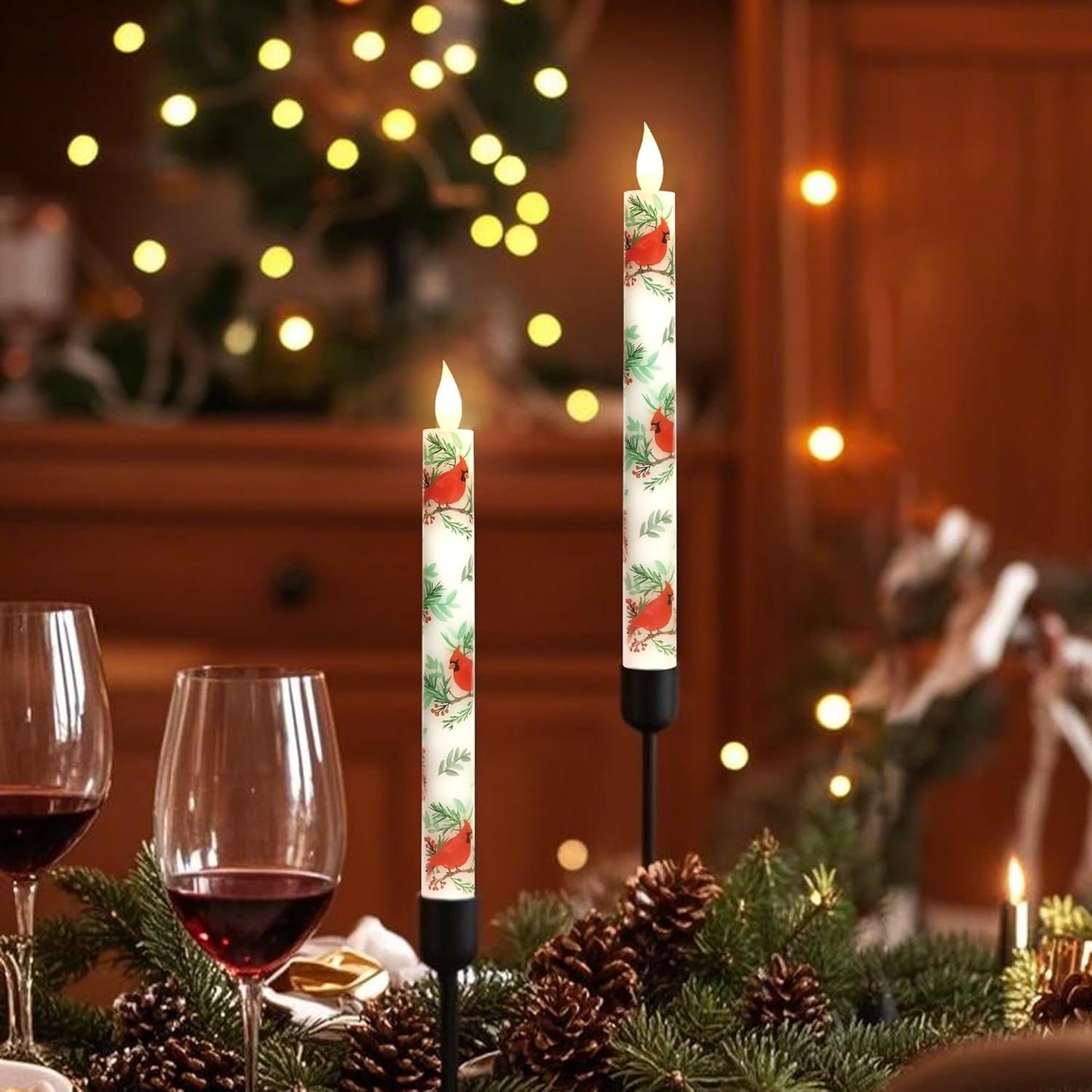 Cardinal Bird Flameless Taper Candles with Remote - Red Bird Theme LED Taper Candles for Home Xmas Holiday Party Christmas Decoration - 2PCS 9.5INCH