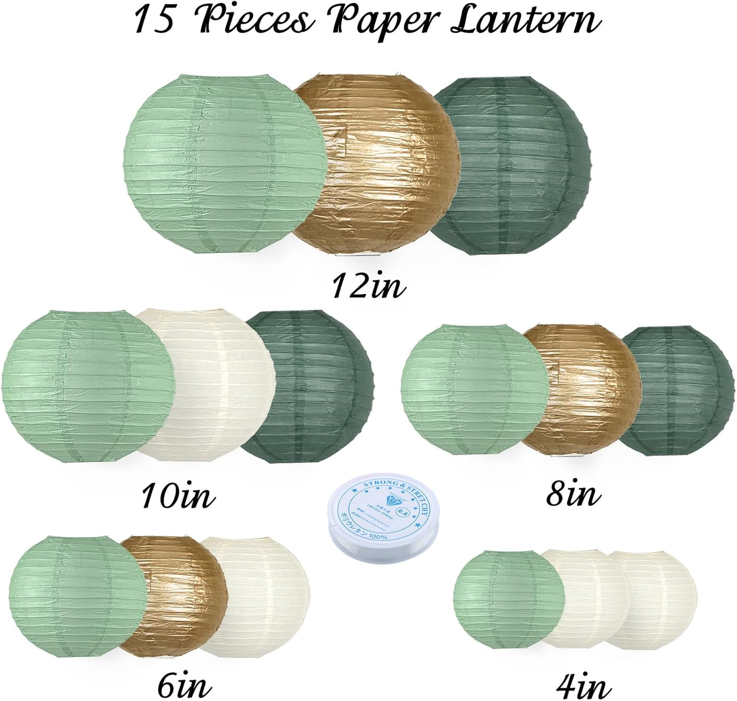 Paper Lanterns Decorative, Round Paper Lanterns Decorations Sage Green/Forest Green/Gold/White for Rustic Party Birthday Party Bachelorette Engagement Wedding Baby Shower 15pcs