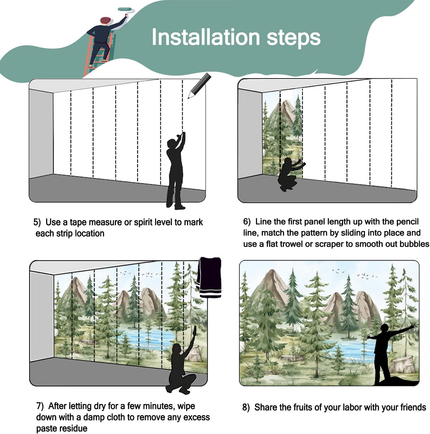 -Watercolor Green Pine Mural Cartoon Forest Fabric Wallpaper Children's Room 140" x 91"(Not Peel and Stick)