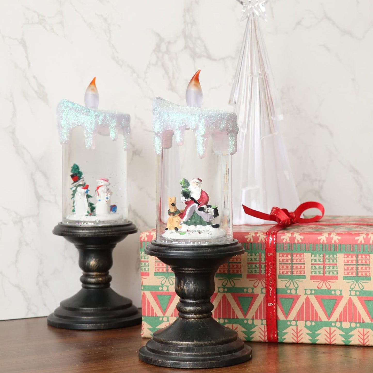 Eldnacele Battery Operated Lighted Flameless Candles Christmas Snow Globe Candle Light Swirling Water Glittering Spinning Candles for Home Decoration(Santa)