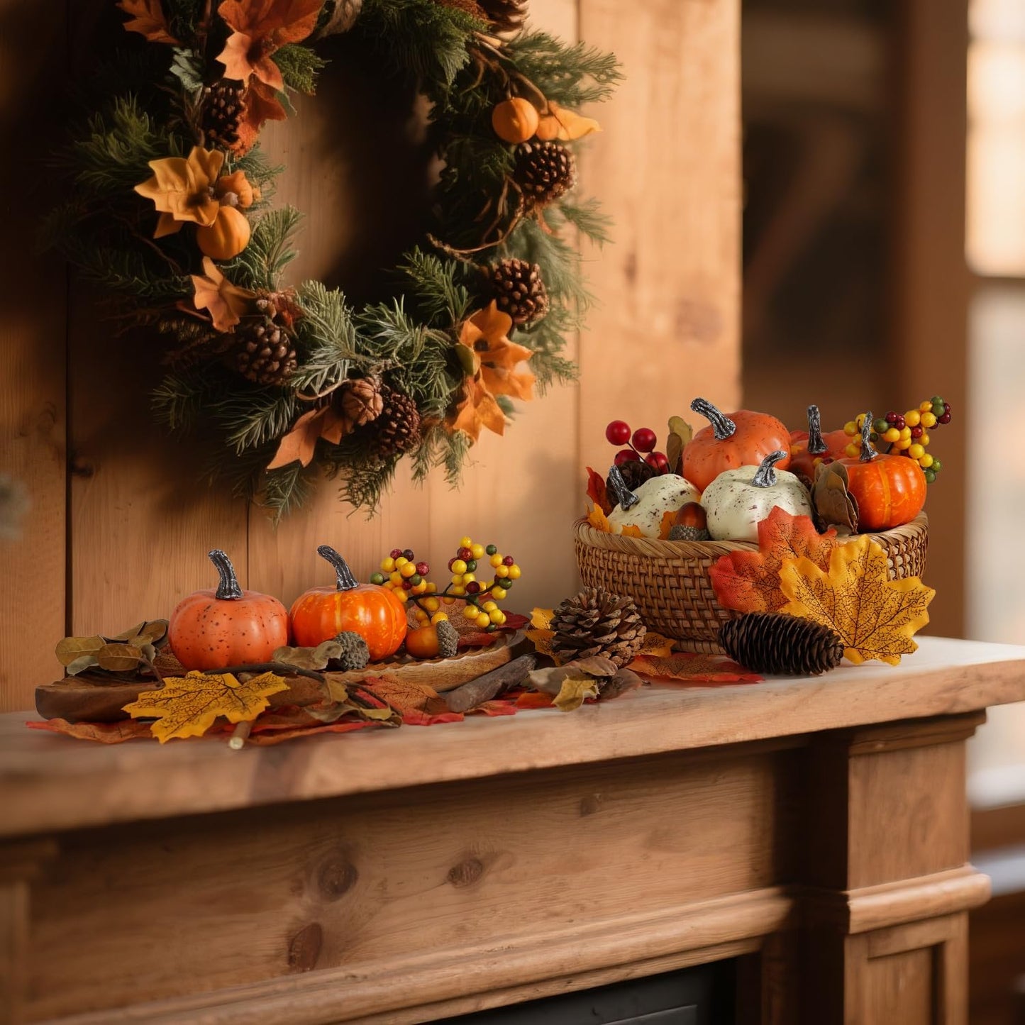 Artmag 51 PCS Artificial Pumpkins, Fall Harvest Decorations with Acorns, Pinecones, Berries, Maple Leaves for Farmhouse Fall Thansgiving Halloween Decor Decoration