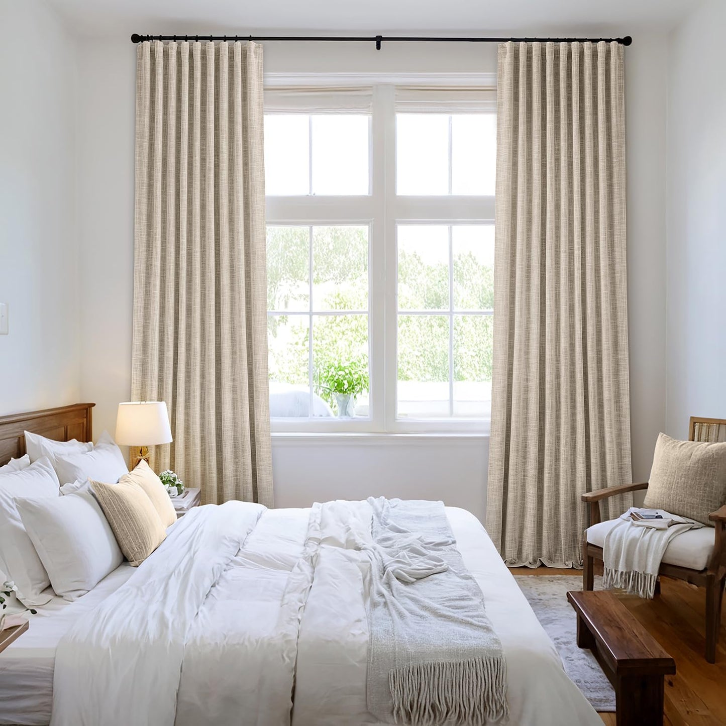 MIULEE Beige 100% Blackout Linen Curtains 108 Inch 2 Panels Set Double Sided No Coating Pleated Back Tab Black Out Extra Long Thermal Insulated Pinch Pleat Bedroom Living Room Darkening Window Drapes