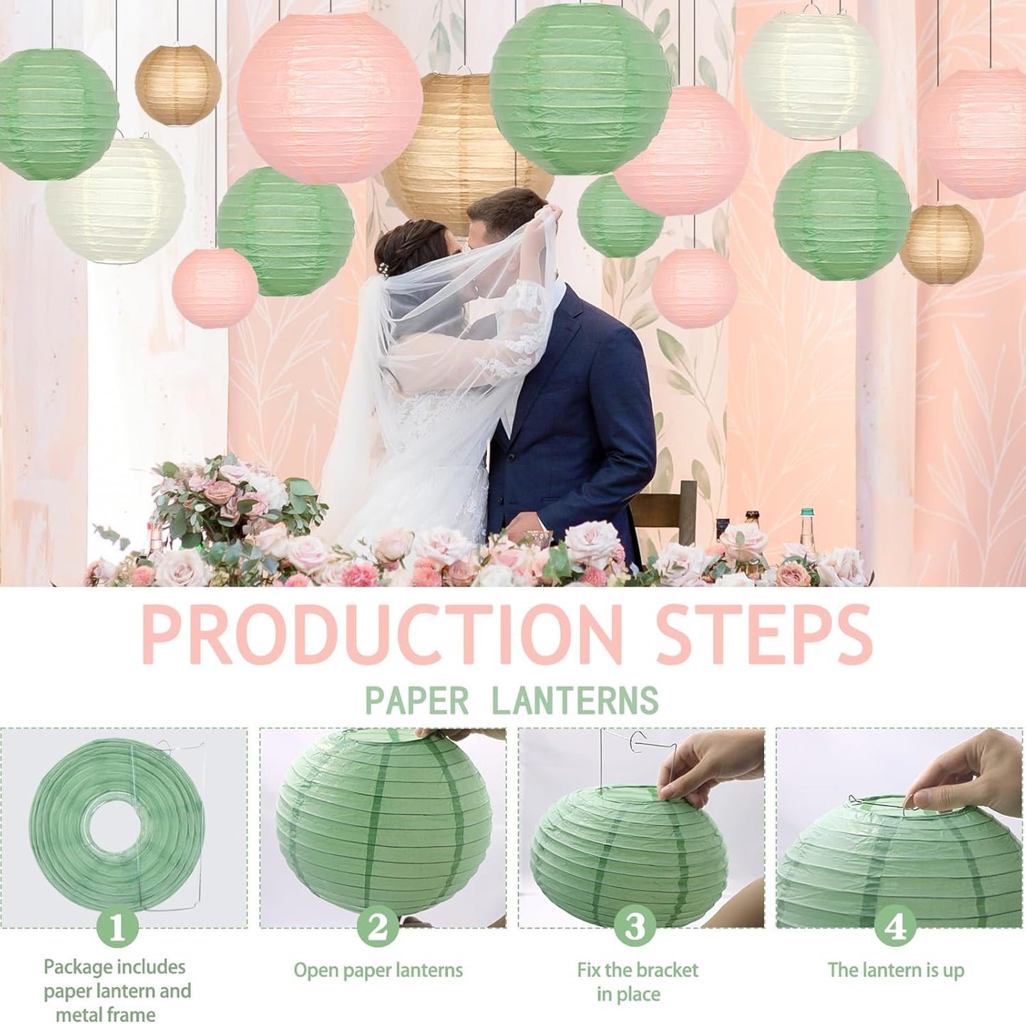 ADLKGG Paper Lanterns Party Decorative, Round Hanging Paper Lanterns Wedding Decorations for Sage Green Bridal Shower Birthday Rustic Party Neutral Baby Shower Home Decor Sage Green/Pink/Brown 21pcs