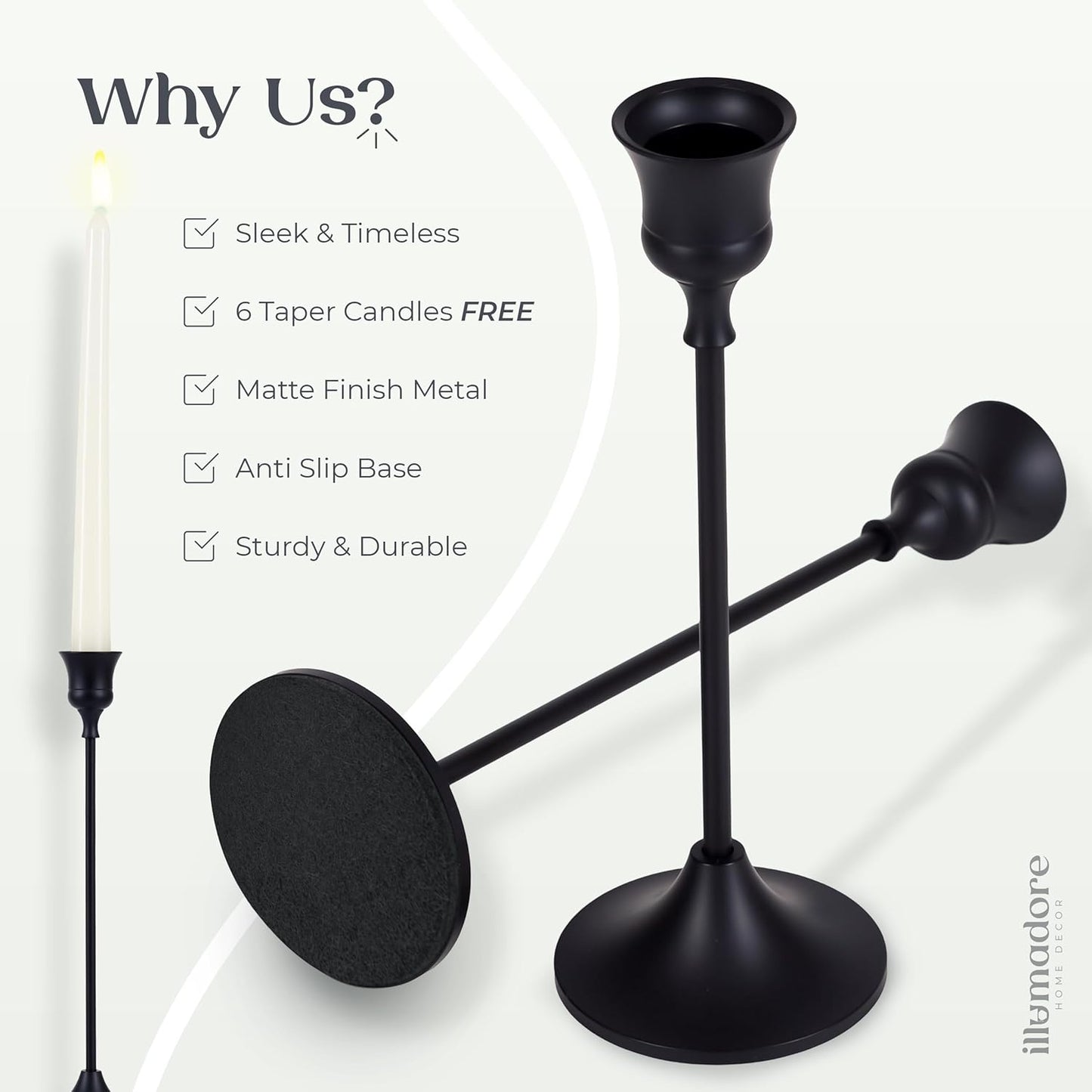 Black Candlestick Holders | Set of 6 | Metal with Matte Finish | 3 Different Sizes | Taper Candles Included | Decorative Centerpiece for Wedding, Christmas, Fireplace Mantel, Dining Table