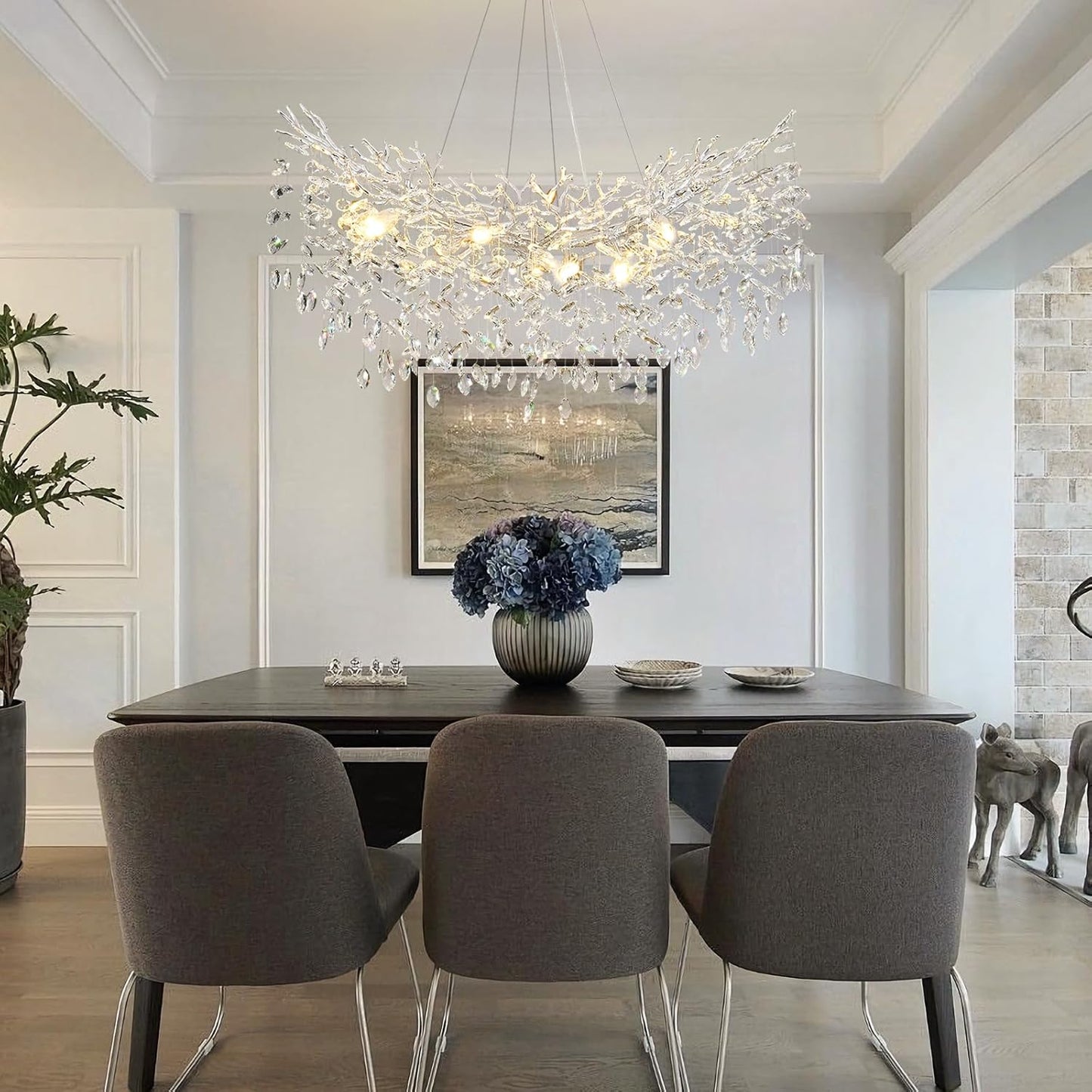 Modern Crystal Silver Chandelier, 36" Large Rectangular Oval Tree Branch Crystal Chandeliers for Dining Room,16-Light Flush Mount K9 Crystal Chandeliers, for Kitchen Island,Dining Room