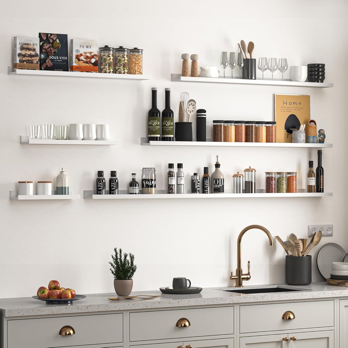 Heimlove Picture Ledge Shelf, Floating Shelves Set of 2, 56 Inches Picture Shelf for Wall with Ledge, Kids Bookshelf Wall Mounted for Living Room Bedroom Decor Books Photo Frames, White