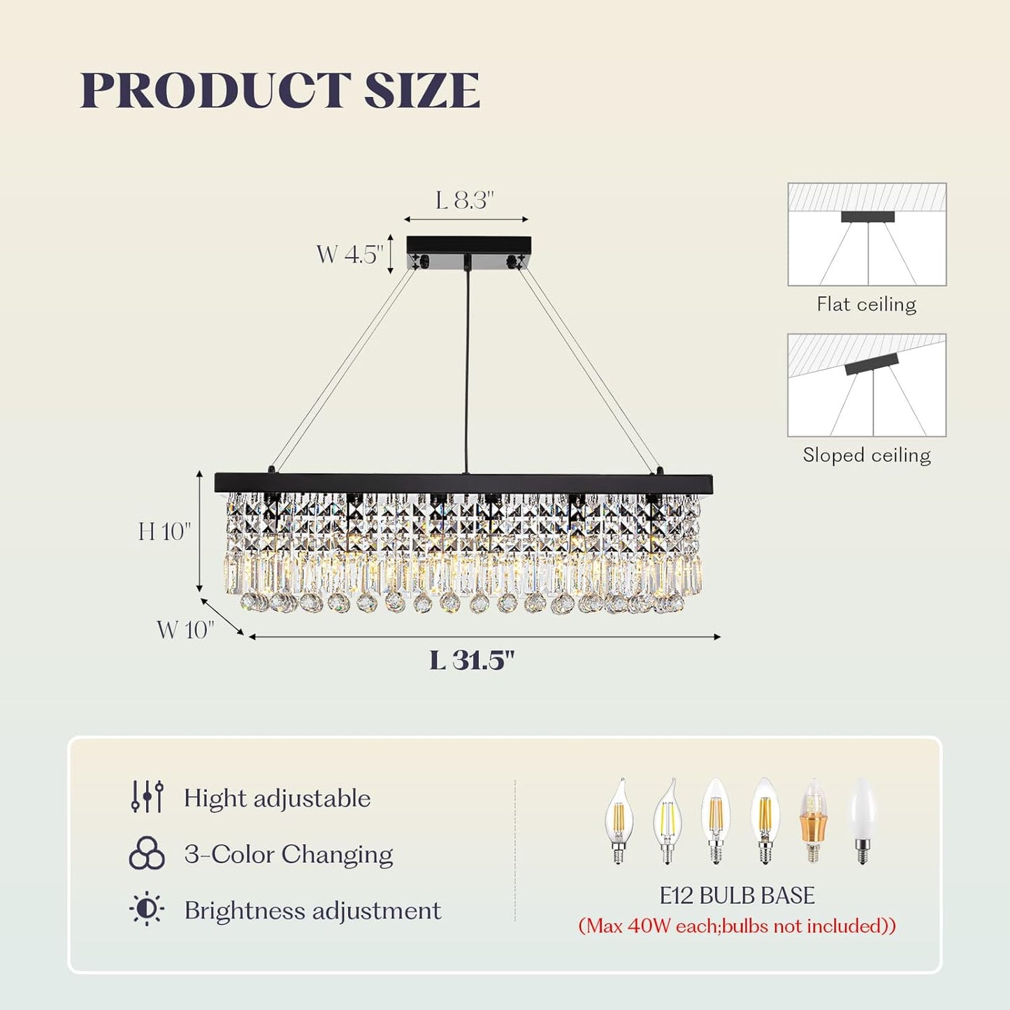 Rectangle K9 Crystal Chandelier,Rectangular Contemporary Pendant Light Fixture,Black Modern Crystal Chandeliers for Dining Room Kitchen Island L31.5''xW10''xH10''