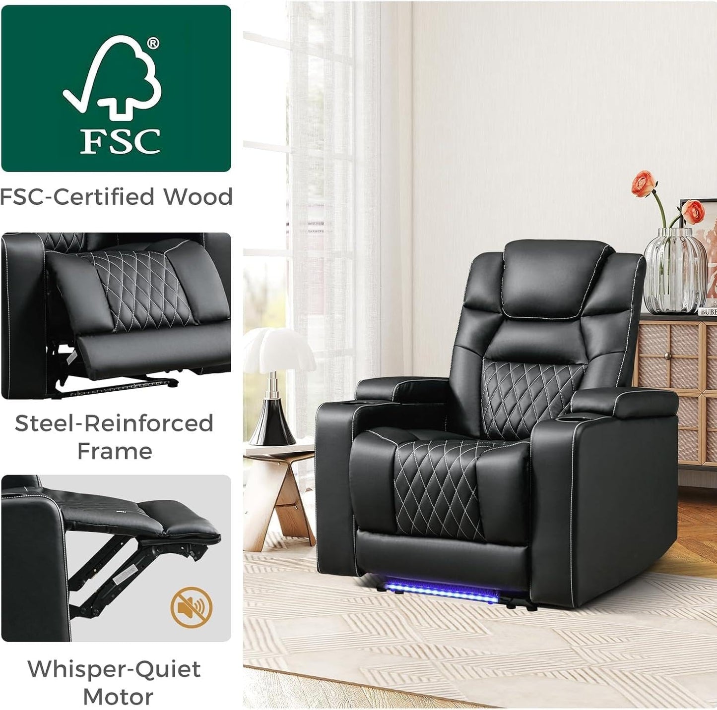 ANJ Power Home Theater Recliner Chair Set of 2, Electric Movie Theater Seating Reclining Chairs with Cup Holders for Living Room, Faux Leather with Blue LED, USB Ports, Hidden Arm Storage (Black)