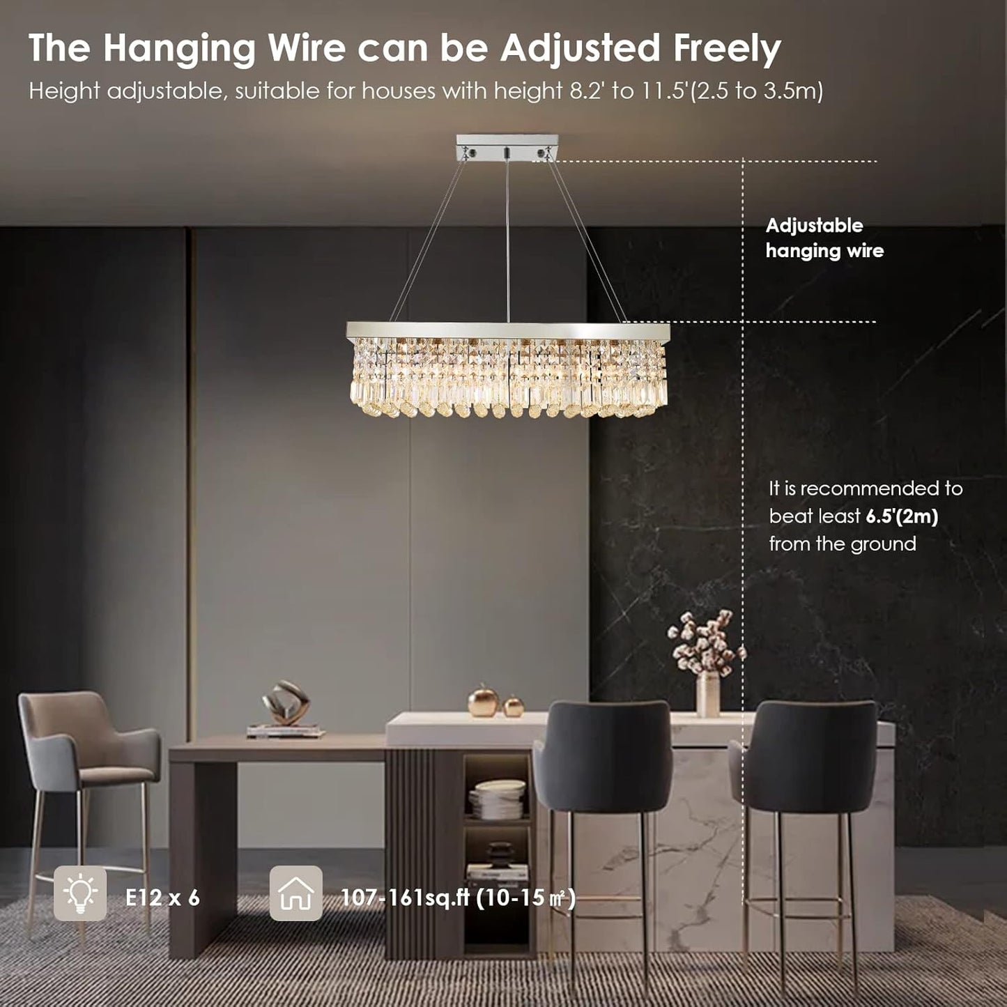 Siljoy 6-Light Modern Crystal Chandelier for Dining Room, Rectangular K9 Crystal Raindrop Chandelier, Rectangle Pendant Ceiling Light Fixture for Living Room Kitchen Island L31.5'' x W10'' x H10''