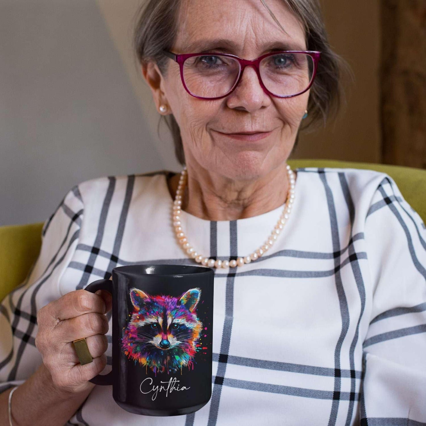 Colorful Raccoon Black Mug, Custom Choose Name Raccoon Coffee Cup, Gift For Men Women, Personalized Animal Lover Ceramic Mug, Customized Animal Design Cup 11oz 15oz