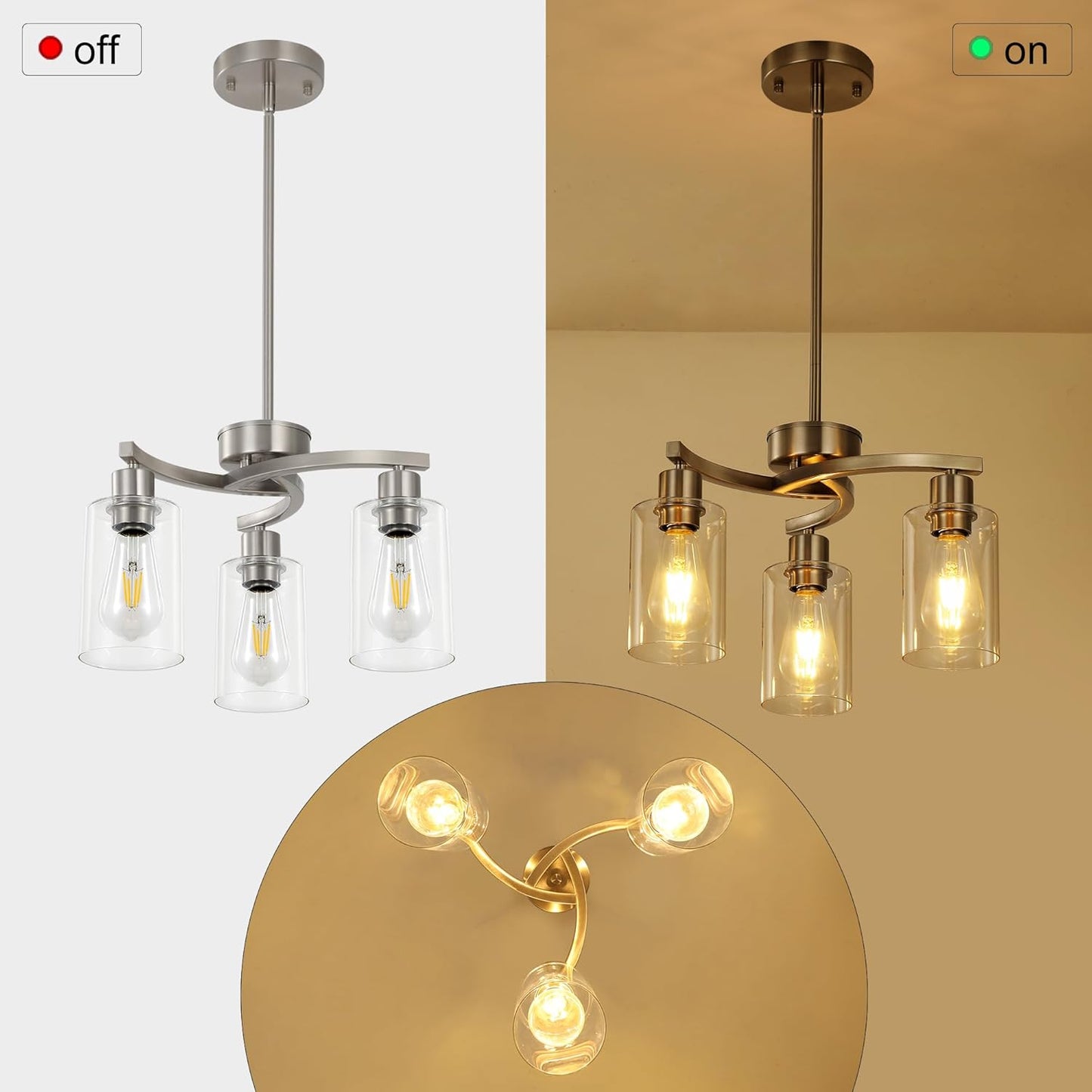 3-Light Brushed Nickel Dining Room Light Fixture,Modern Kitchen Chandeliers Over Table,Adjustable Height Industrial Hanging Pendant Lights for Kitchen Island with Glass Shade