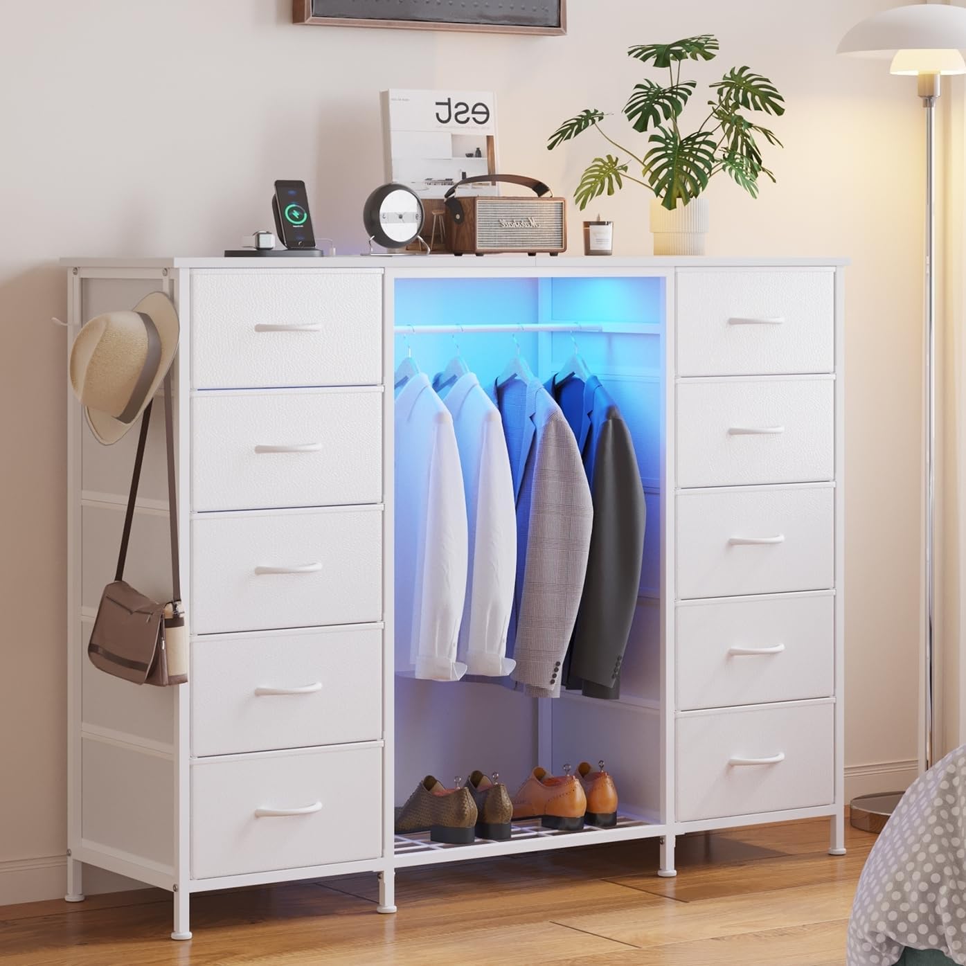 LUMTOK 55" W 2-in-1 Dresser with Hanging Rack, 10 Drawers Dresser for Bedroom, White Drawer Dressers with LED Lights, Charging Station and Hanging Racks for Bedroom