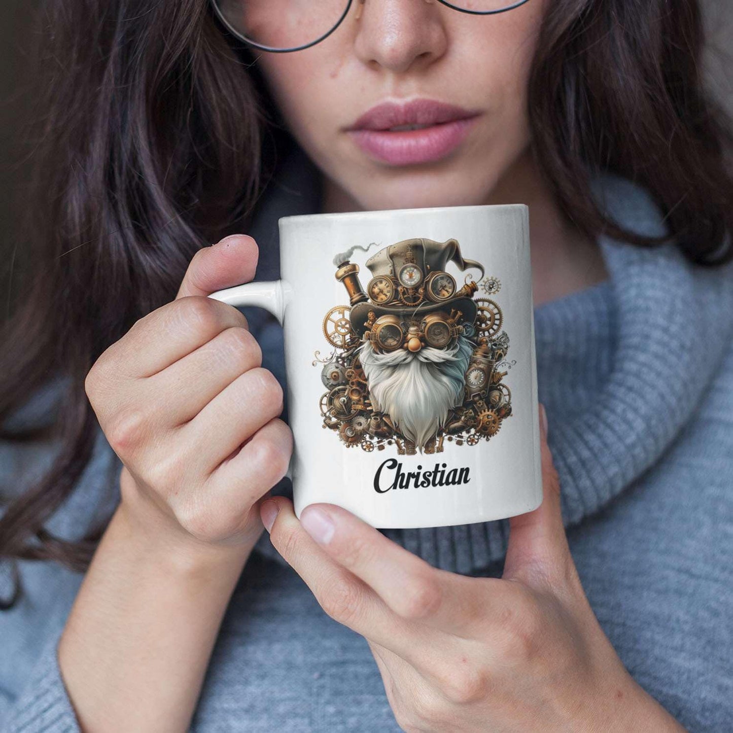 Custom Mechanical Art Mug 15oz, Personalized Steampunk Gnome Coffee Mug, Customized Name Ceramic Cup, Fantasy Enthusiasts Mug, Gnome White Mug With Steampunk Themed, Gift For Men