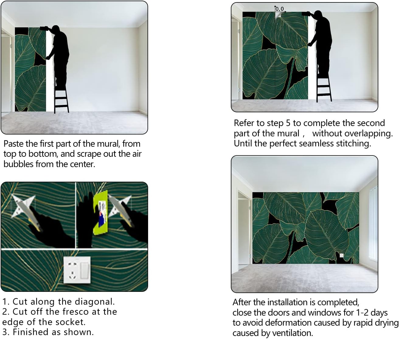 Black and Gold Leaf Mural Bedroom Tropical Green Botanical Wallpaper Room Plant Decor Living Room tv Background Large Wall Mural - 91"x65" (Not Peel and Stick)