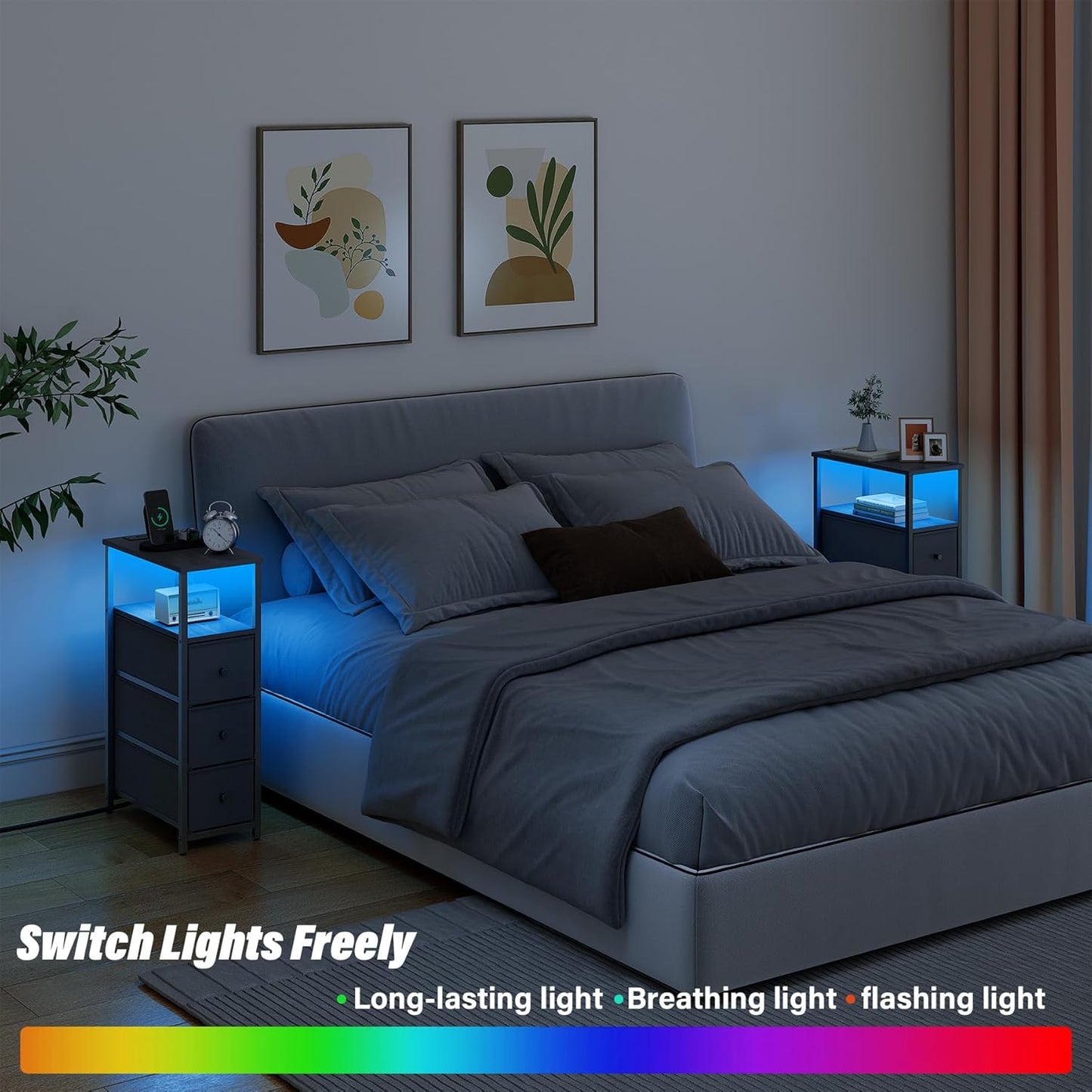 TUTOTAK Narrow LED Night Stand with Charging Station, Slim End Table with Plugins, Tall Side Table with 3 Fabric Drawer, Small Bedside Table with Storage, Set of 2, for Living Room, Black TB01BK073L