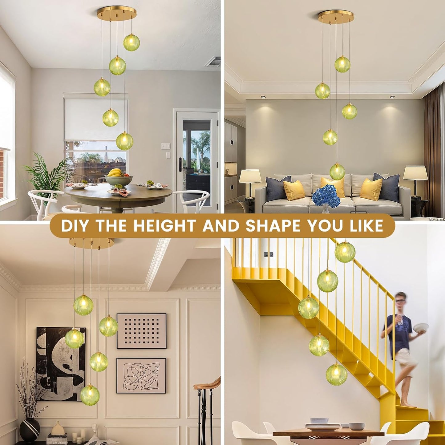 5-Light Chandelier, Globe Green Glass Flush Mount Pendant Light,15W Ceiling Hanging Light for Staircase Foyer Entryway Living Room Hotel Kitchen Island(3000K,G9 Bulbs Include)