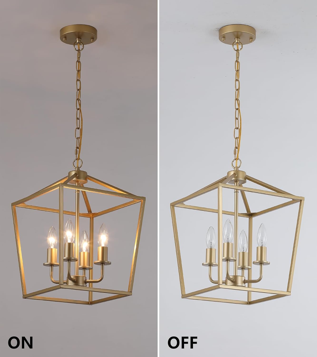 Industrial 4 Lights Chandelier, Gold Lantern Ceiling Light Fixtures with Rustic Metal Cage Adjustable Height Farmhouse Geometric Hanging Light for Kitchen Island, Dining Room, Entryway, UL Listed
