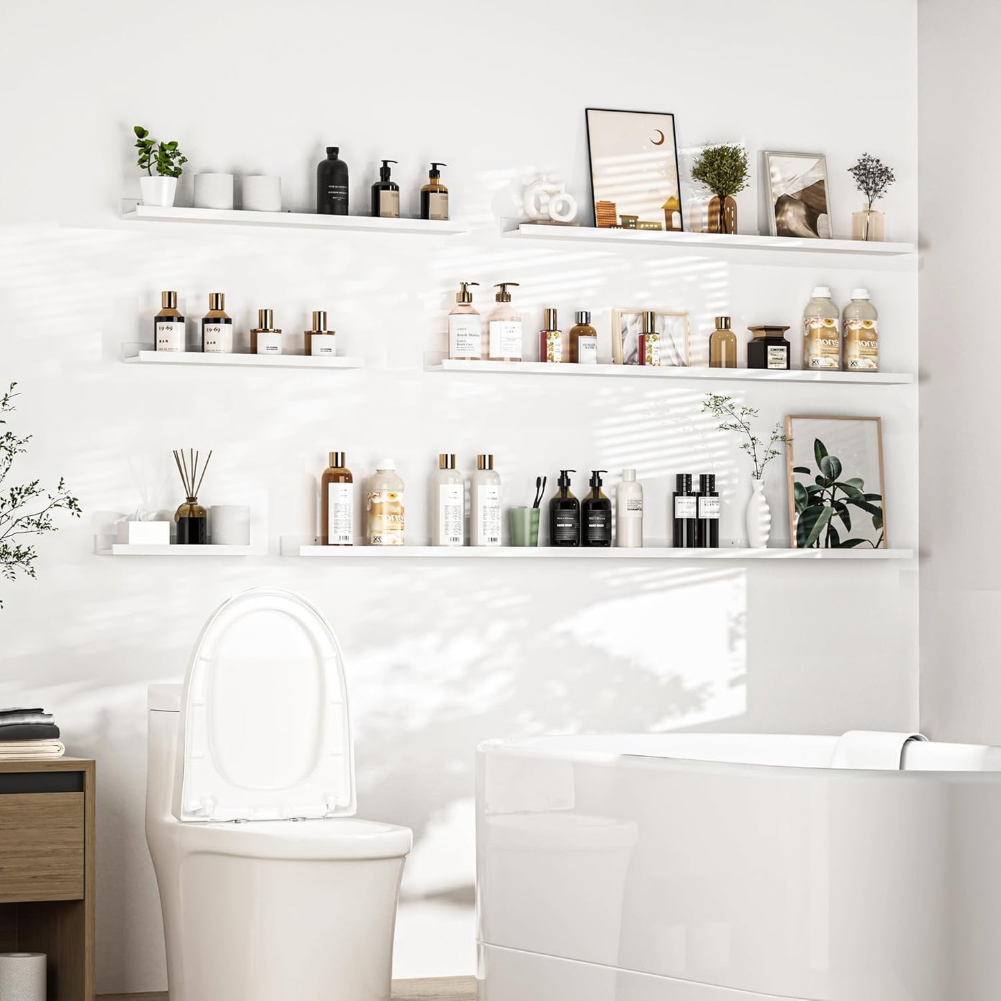 Heimlove Picture Ledge Shelf, Floating Shelves Set of 2, 72 Inches Long Large Picture Shelf for Wall with Ledge, Kids Bookshelf Wall Mounted for Living Room Bedroom Decor Books Photo Frames, White