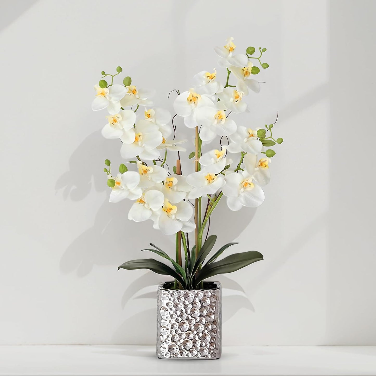 Orchid Artificial Flowers with Sliver Vase Large Silk Faux Phalaenopsis Flowers for Dining Room Table Floral Centerpieces Indoor Decoration,White