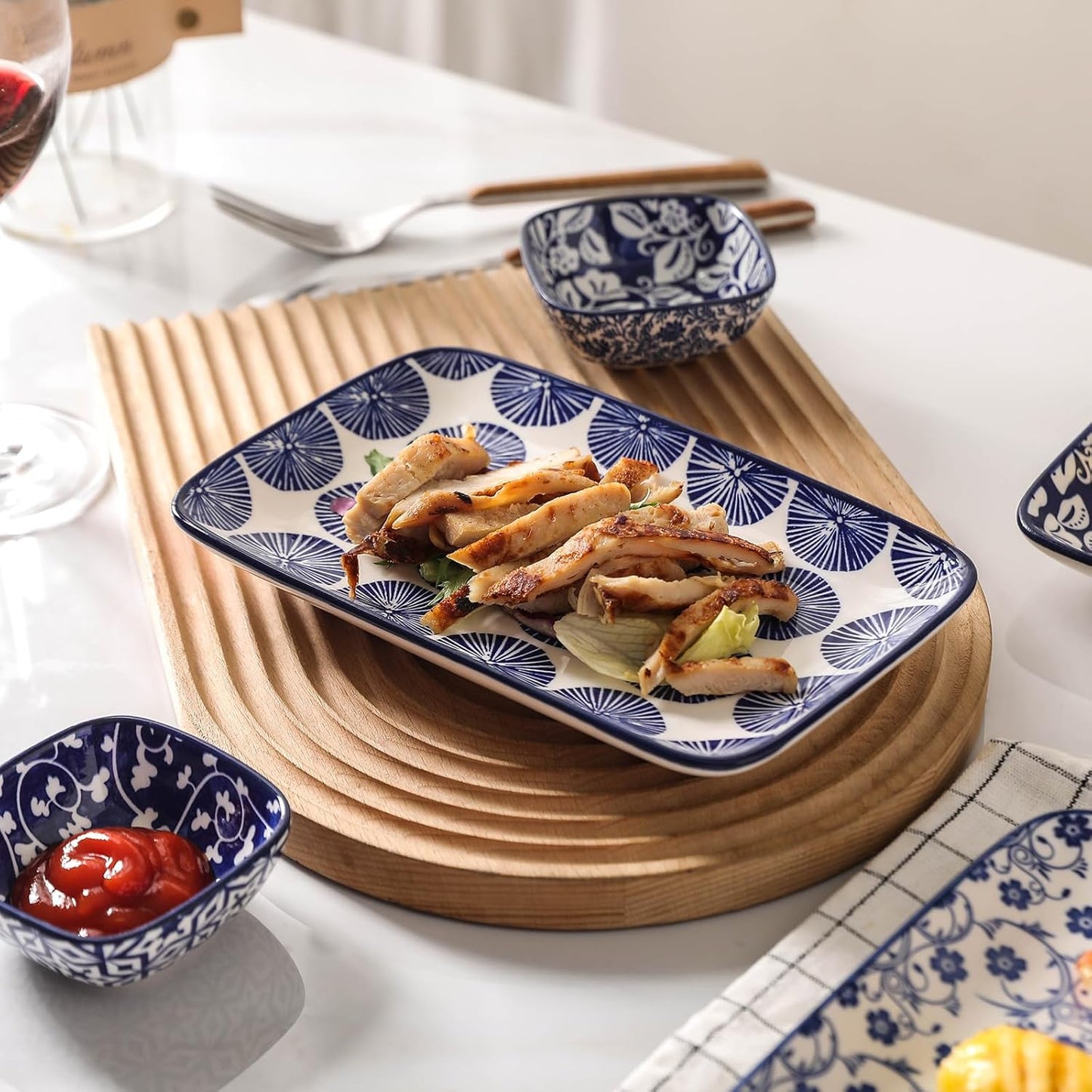 Selamica Ceramic Rectangular Salad Plates Set of 4, 8 Inch Small Serving Plates for Appetizers, Sushi, Fruit, Vintage Blue