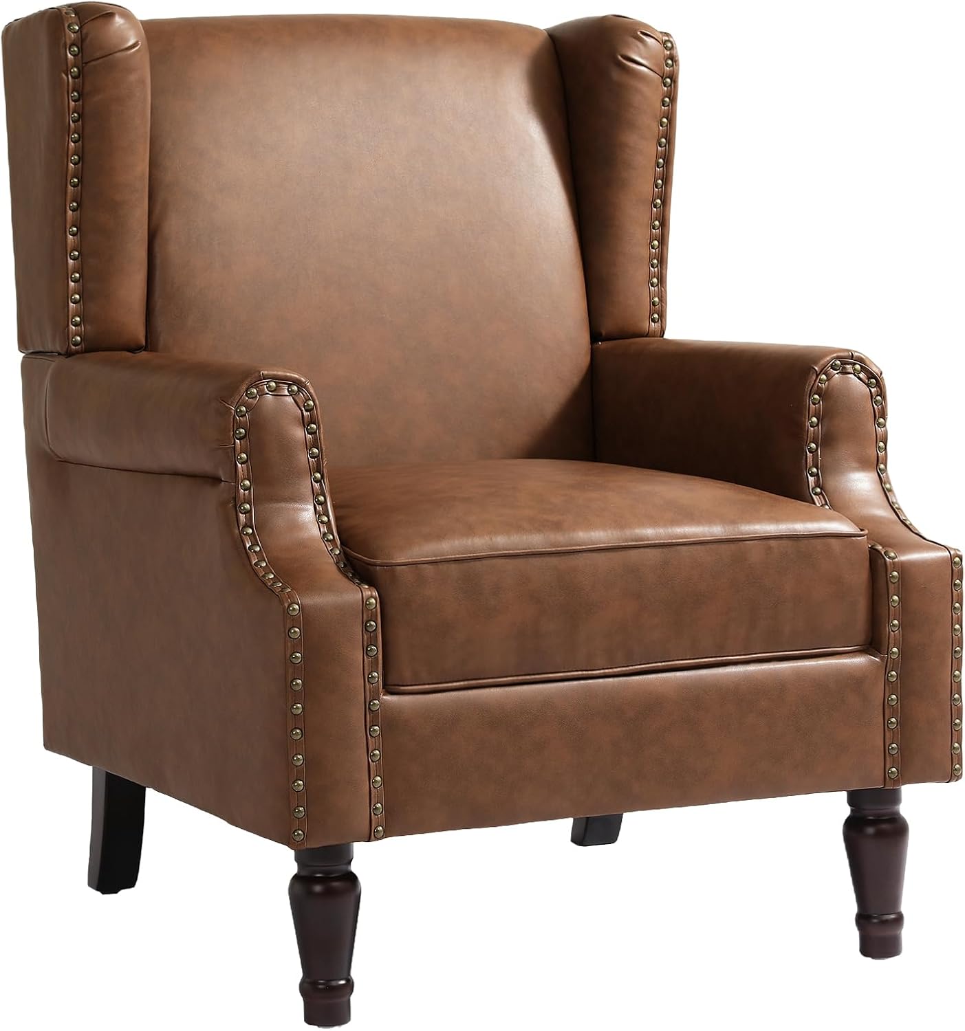 UIXE PU Leather High Back Accent Chairs Set of 2, Upholstered Armchair for Living Room, Retro Wingback Arm Chair Nailhead Trim Single Sofa Bedroom Reading Seat - Brown