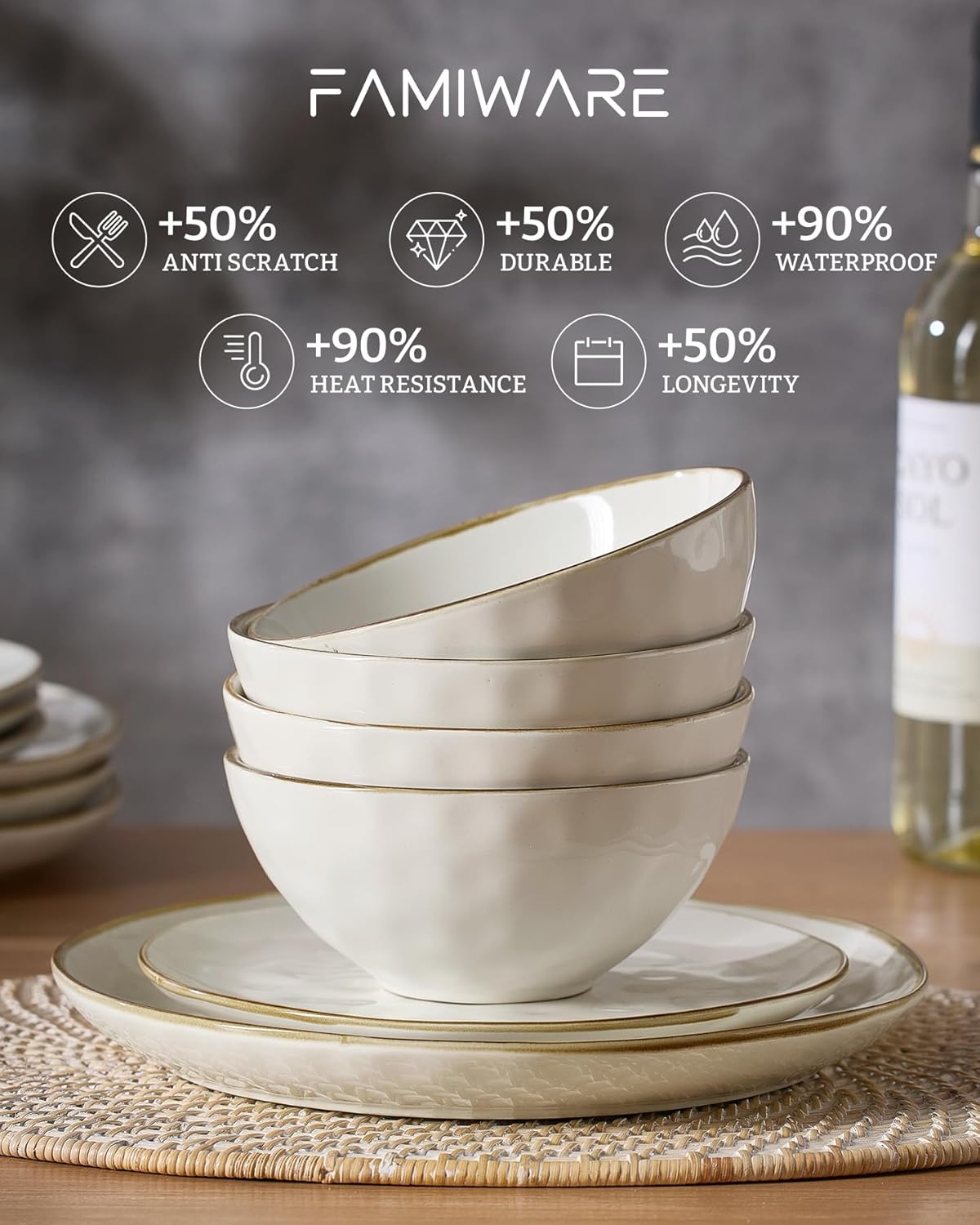 Famiware Ocean Round Plates and Bowls Set, 18 Pieces Dinnerware Sets, Dishes Set for 6, Microwave and Dishwasher Safe, Scratch Resistant, Vanilla White