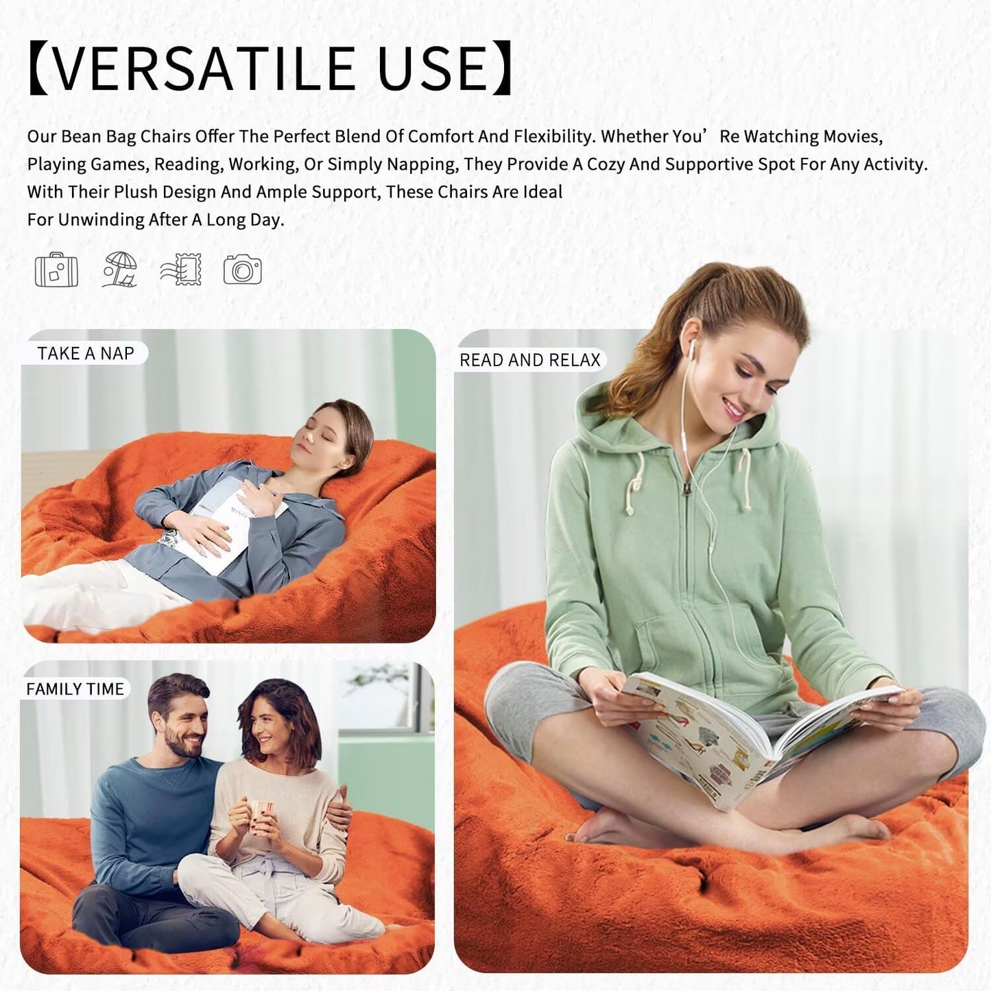 Bean Bag Chair for Adults 8FT,Soft Removable Cover for Teens/Girls Bedroom,Fluffy Giant Round Floor Beanbag Lounger Chairs (No Filler,Orange)