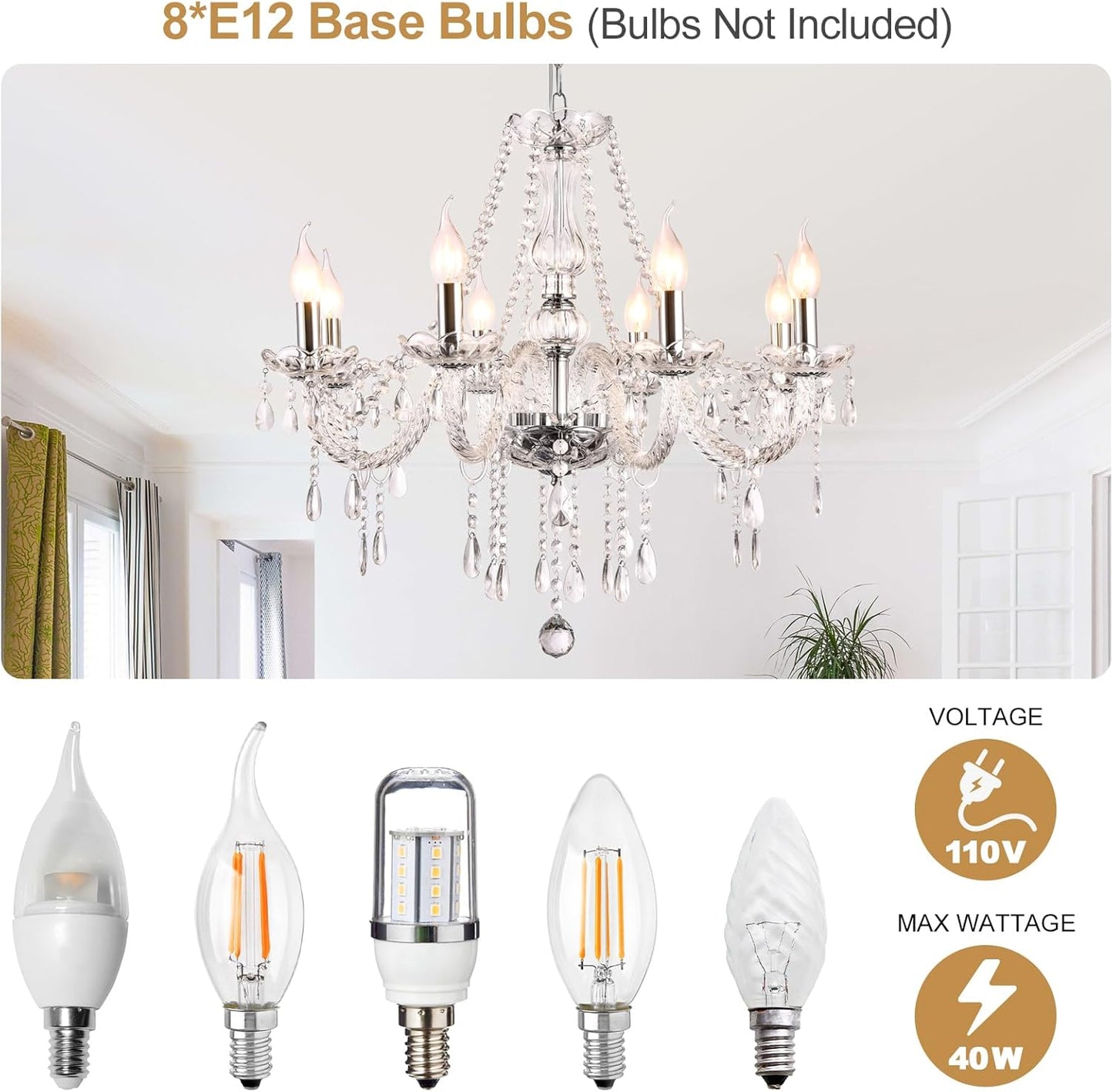 Modern Elegant 8 Lights K9 Crystal Glass Chandelier Pendant Ceiling Lighting European Style for Dining Living Room Bedroom Transparent, 8 E12 Bulbs Required