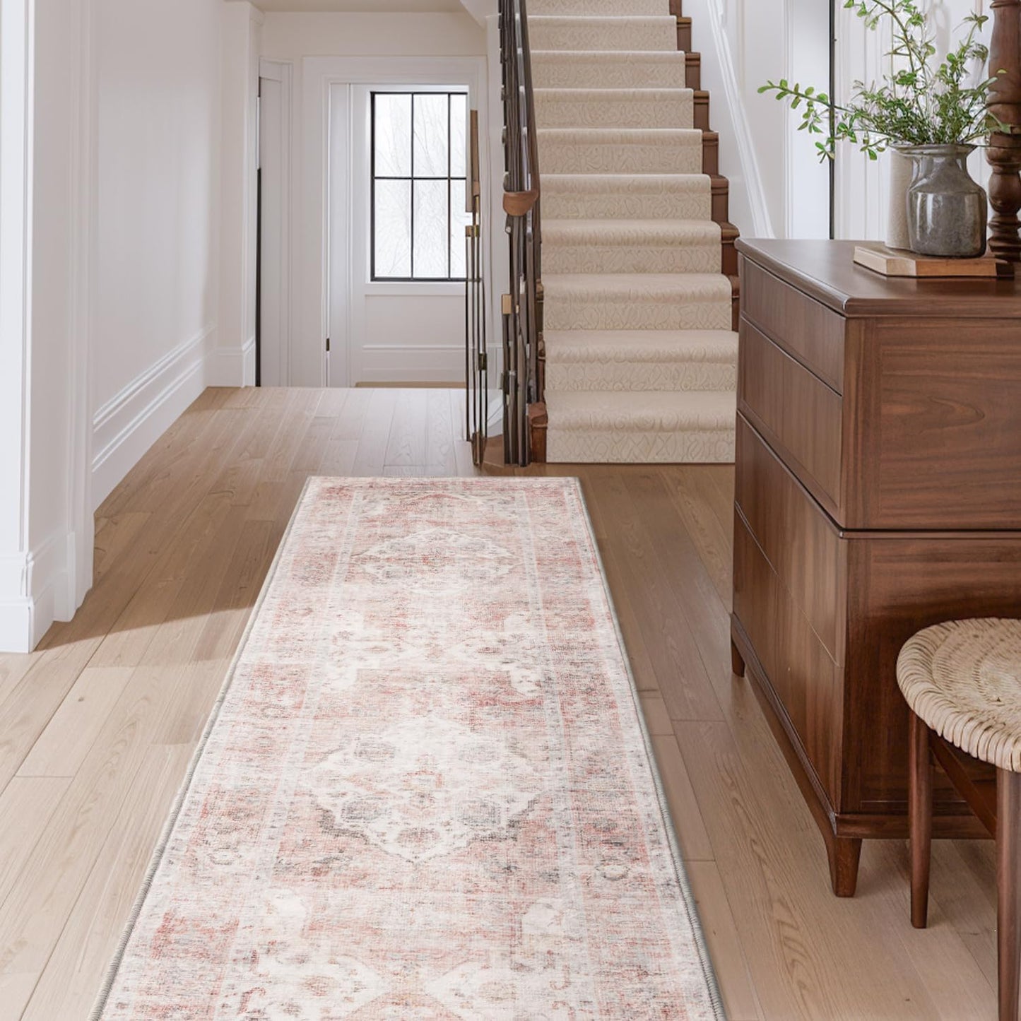 AMOAMI-2X10 Runner Rug-Washable Runners for Hallways-Soft Non Slip Bedside Rugs for Bedroom-Vintage Long Rug for Hallways Entryway Laundry Room Stair Kitchen Bathroom Pink