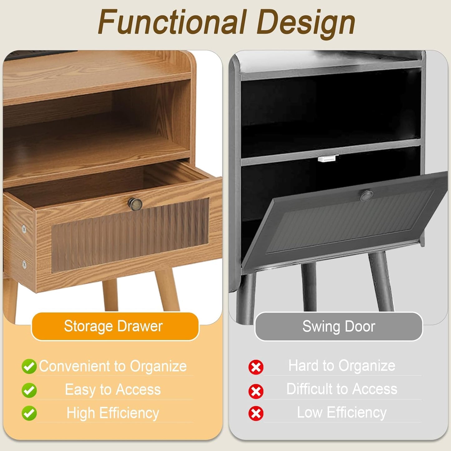 AWASEN Mid Century Nightstand with Charging Station, Modern Bedside Table with Glass Decorative Drawer, Small End Side Table with 2 Tiers Storage for Bedroom, Office and Small Space(Brown)