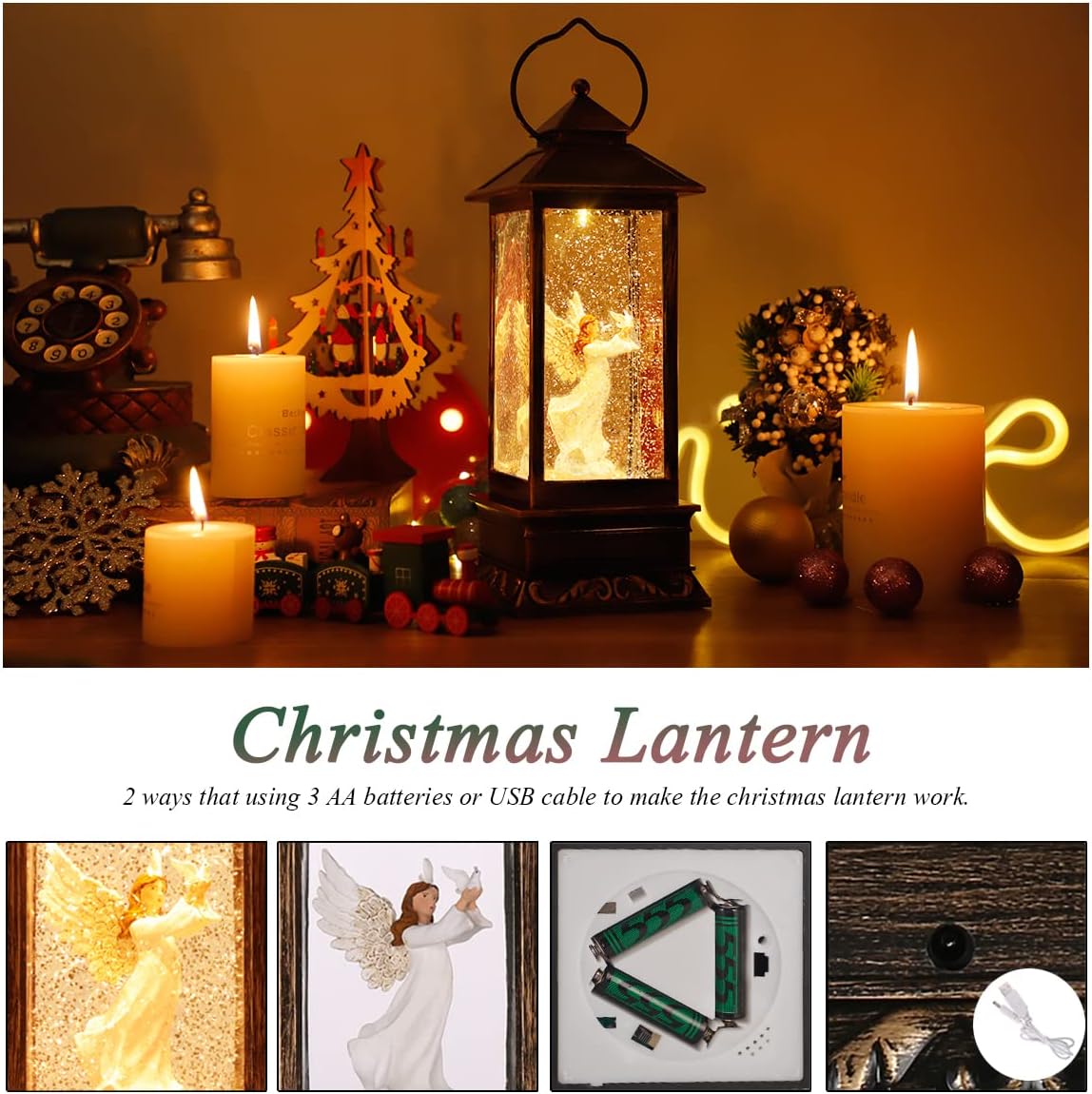 Christmas Decorations Snow Globe Lantern,Christmas Lantern with 8 Christmas Theme Music,Christmas Snow Globe Gifts Water Glittering Swirling Christmas Home Decoration(Dove Angel)
