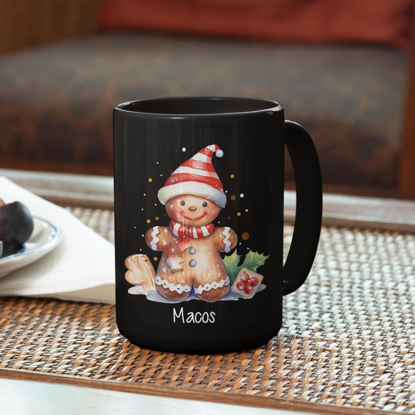 Watercolor Christmas Gingerbread Design Mug, Custom Gingerbread Lover Black Cup, Customized Christmas Coffee Mug With Name, Gift For Boy Girl, Personalized Gingerbread Lover Cup 11oz 15oz