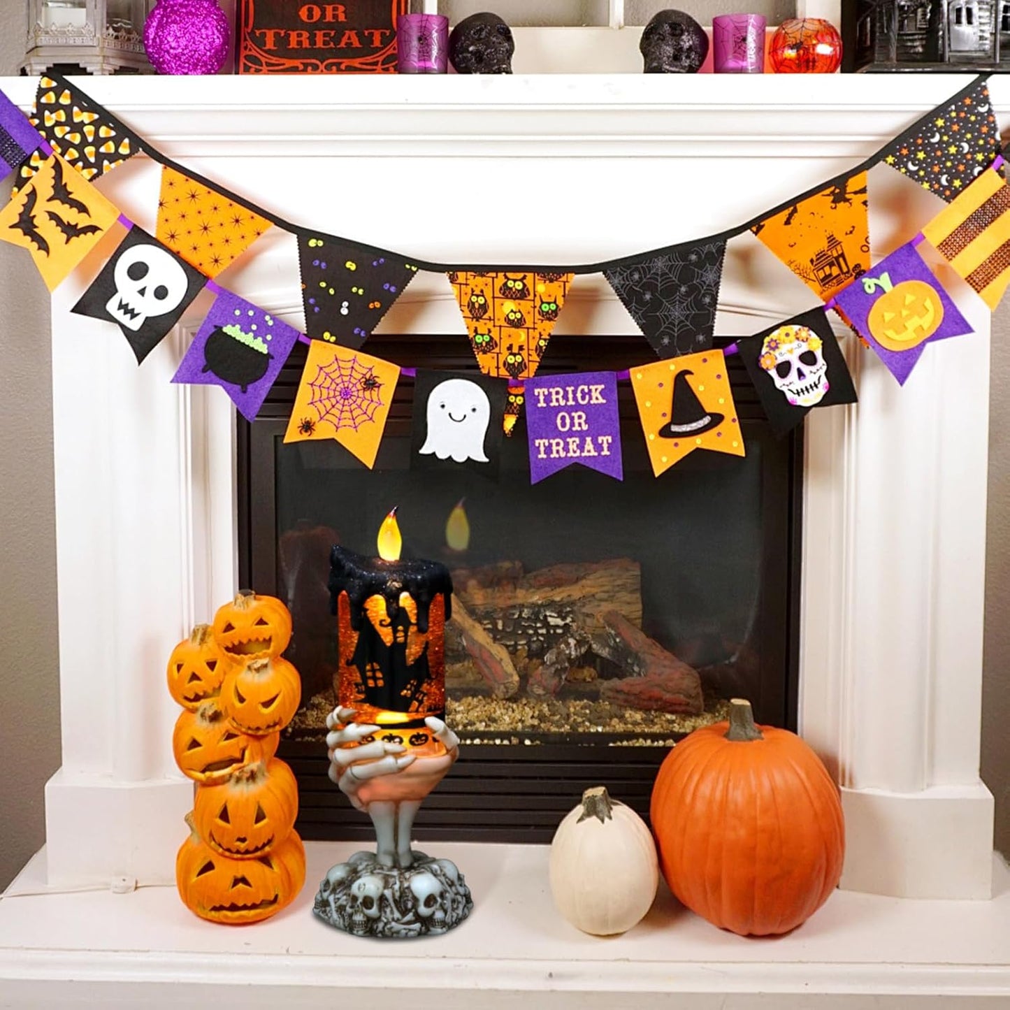 Eldnacele Halloween Snow Globe Candles Lighted Lamp USB Powered Battery Operated Spooky Spinning Water Glittering Tornado Flameless Candles Skeleton Hand Holder Halloween Centerpiece Decor(Castle)