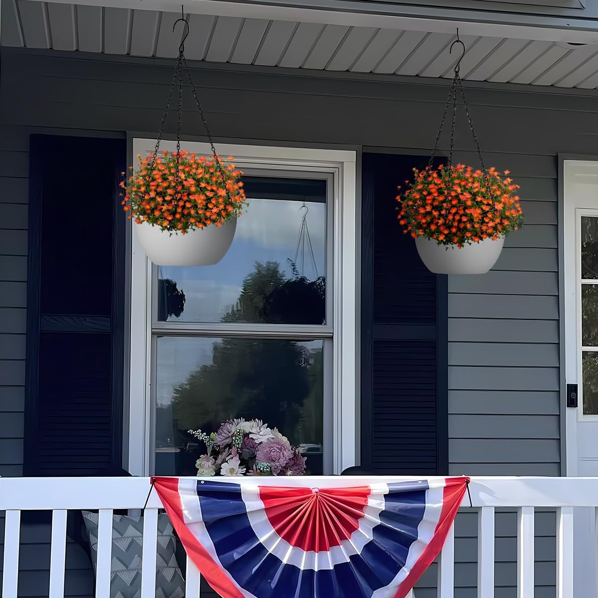 12 inch Hanging Planters for Indoor Plants, 2 Pack Planters for Outdoor Plants with Drainage Holes and Chain, Round Plastic Hanging Baskets, Hanging Flower Pots for Balcony Garden Decor-White